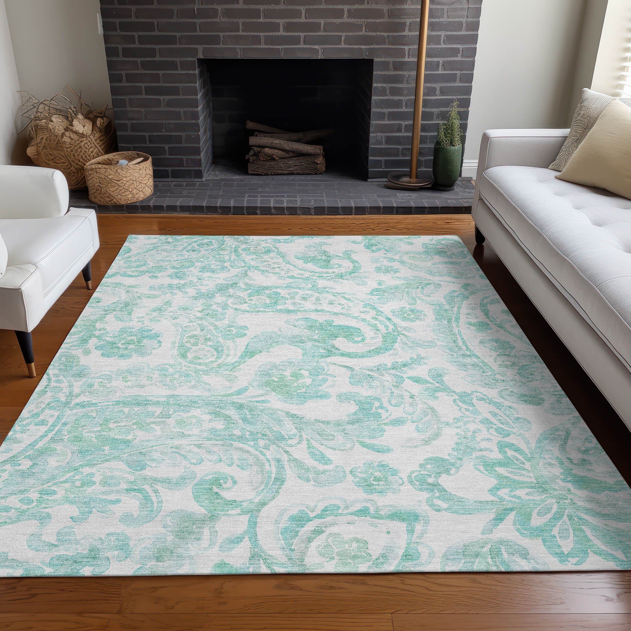 Budapest Machine Washable Transitional Turquoise Teal Rug 2'6" x 3'10" #shape_Rectangle