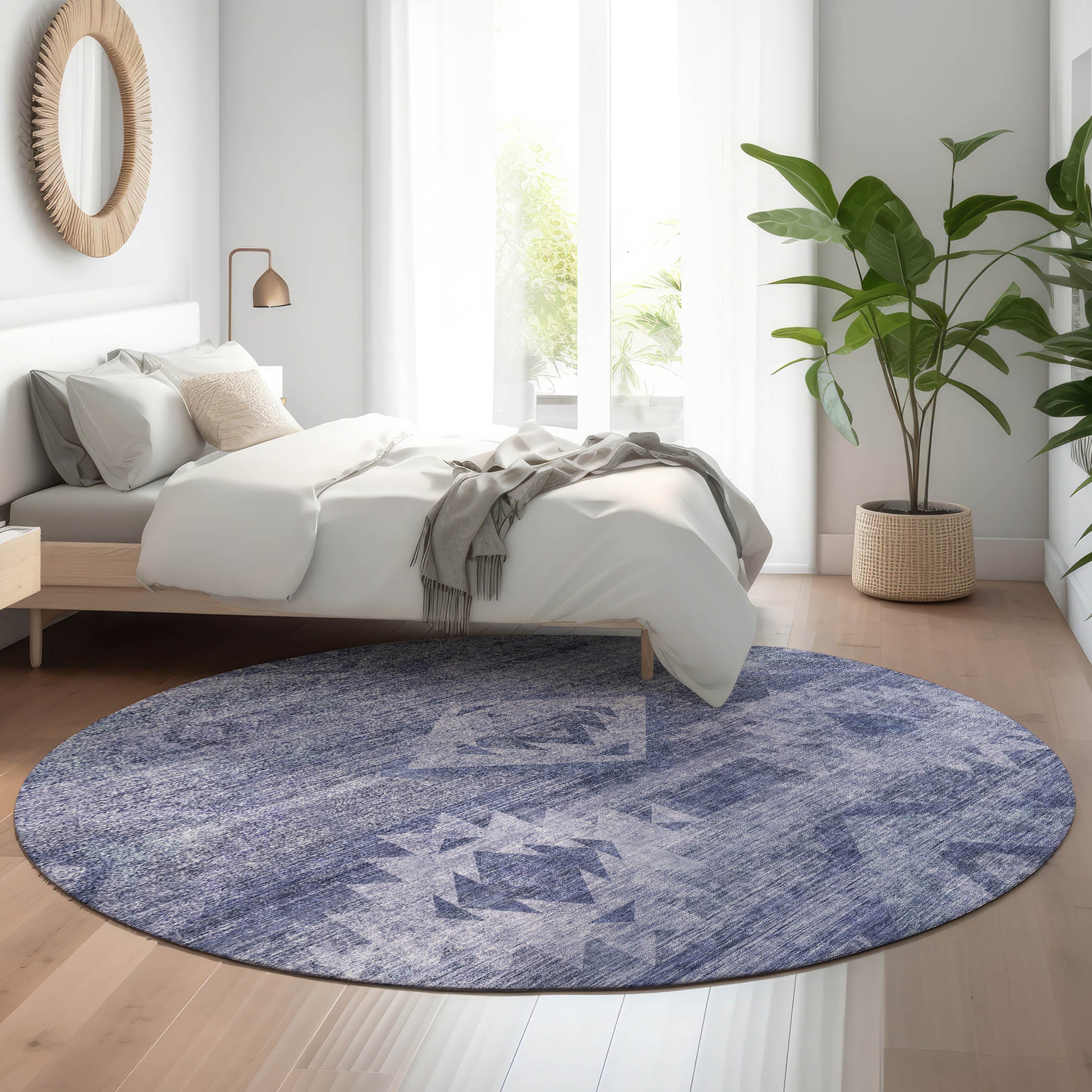 Santorini Machine Washable Transitional Navy Blue Rug 8' x 8' #shape_Round