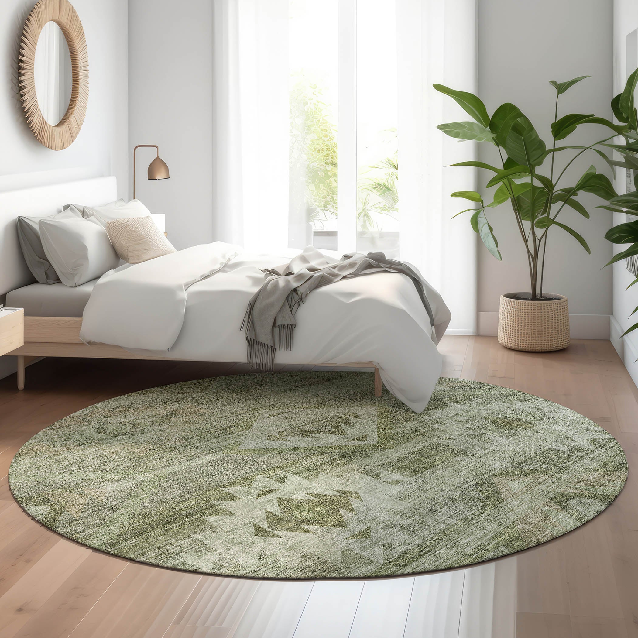 Santorini Machine Washable Transitional Olive Green Rug 8' x 8' #shape_Round