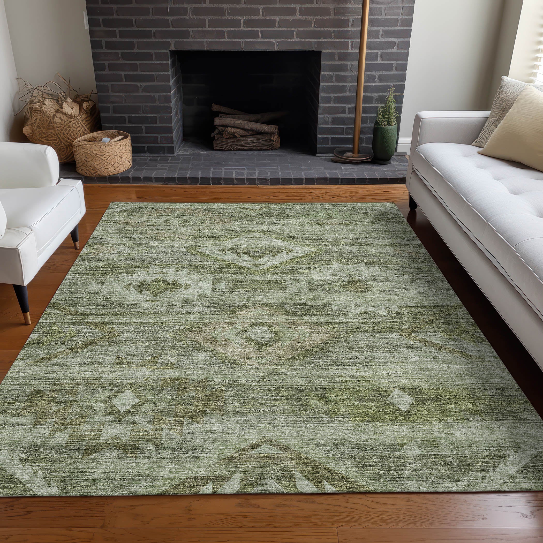 Santorini Machine Washable Transitional Olive Green Rug 2'6" x 3'10" #shape_Rectangle