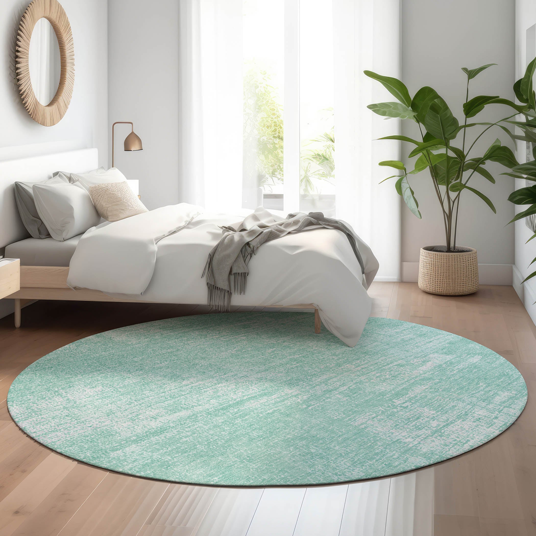 Bern Machine Washable Transitional Turquoise Teal Rug 8' x 8' #shape_Round