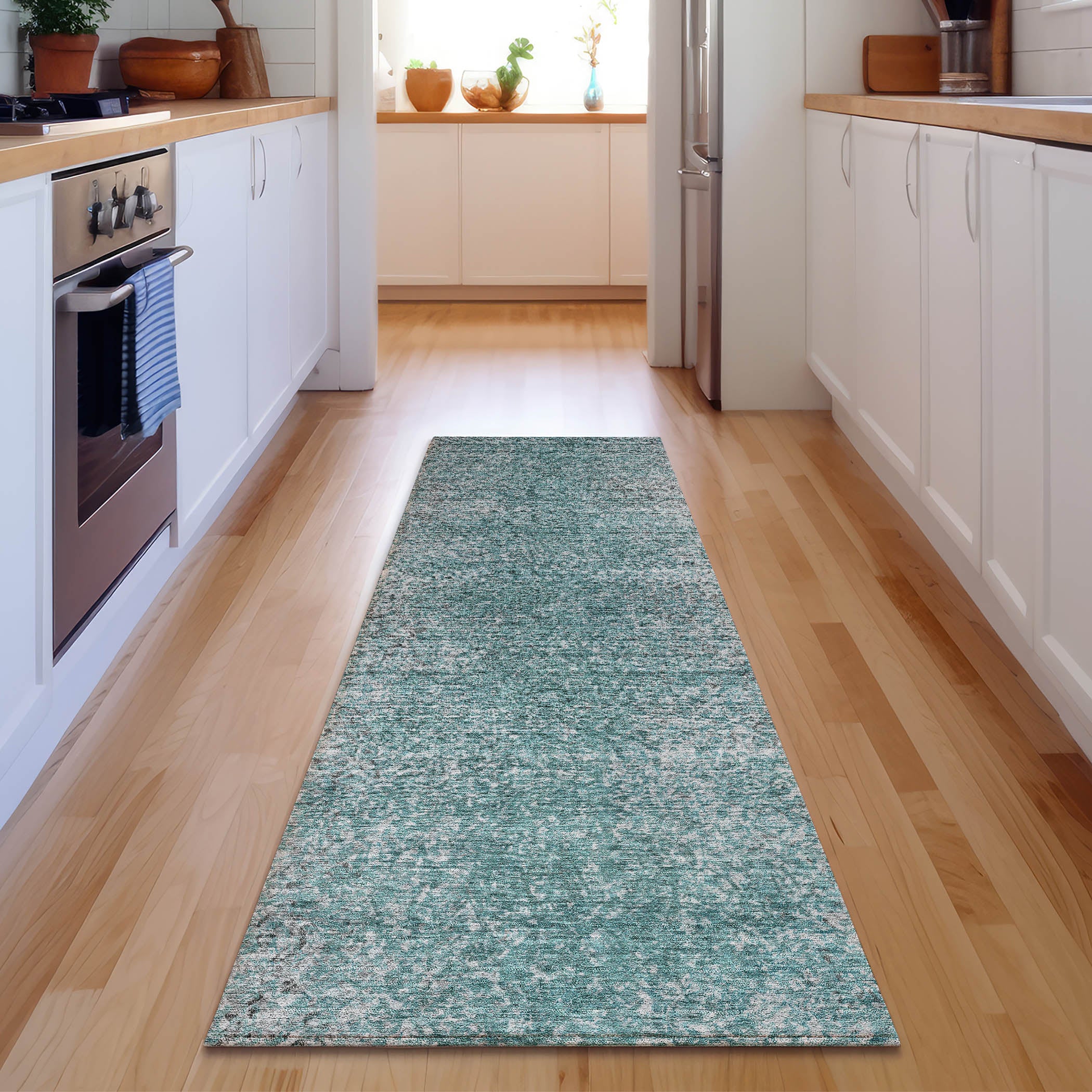 Valletta Machine Washable Transitional Teal Rug 2'3" x 7'6" #shape_Runner