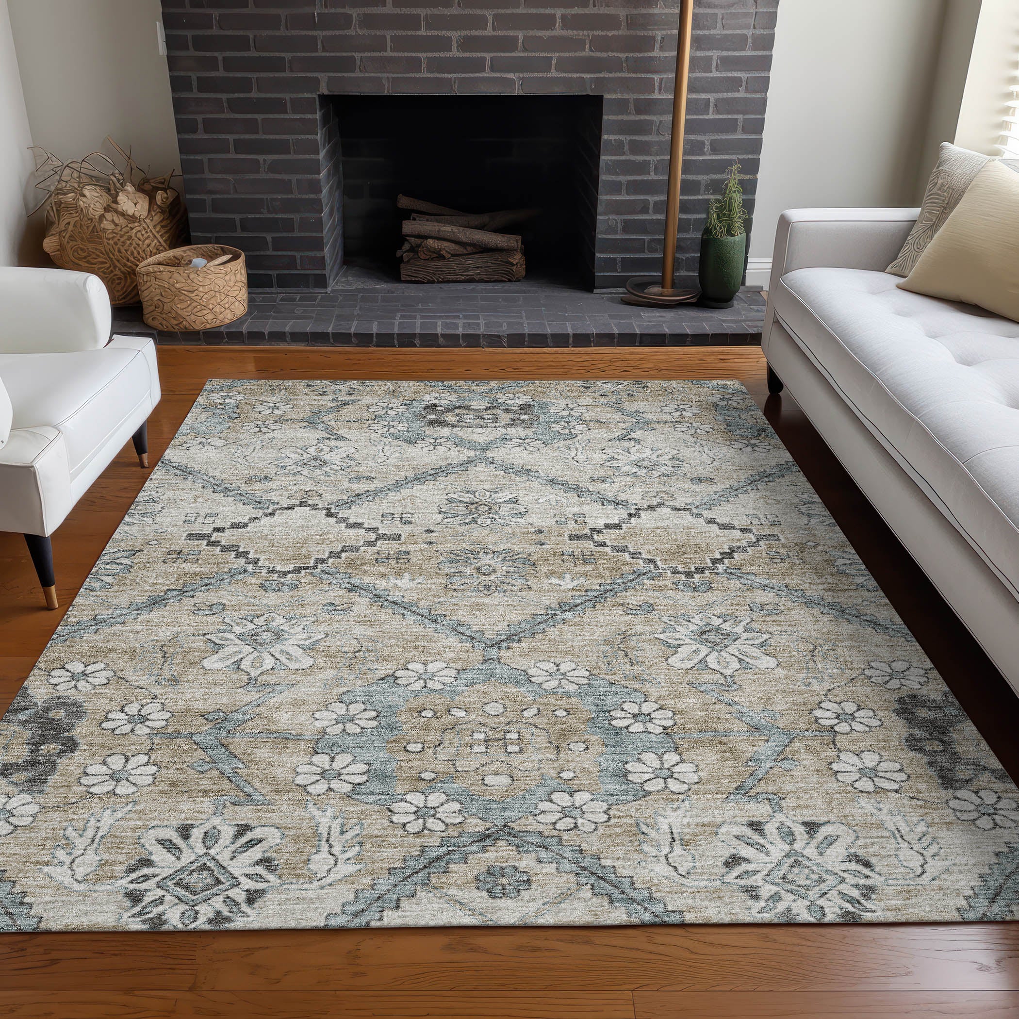 Seville Machine Washable Transitional Beige Brown Rug 2'6" x 3'10" #shape_Rectangle