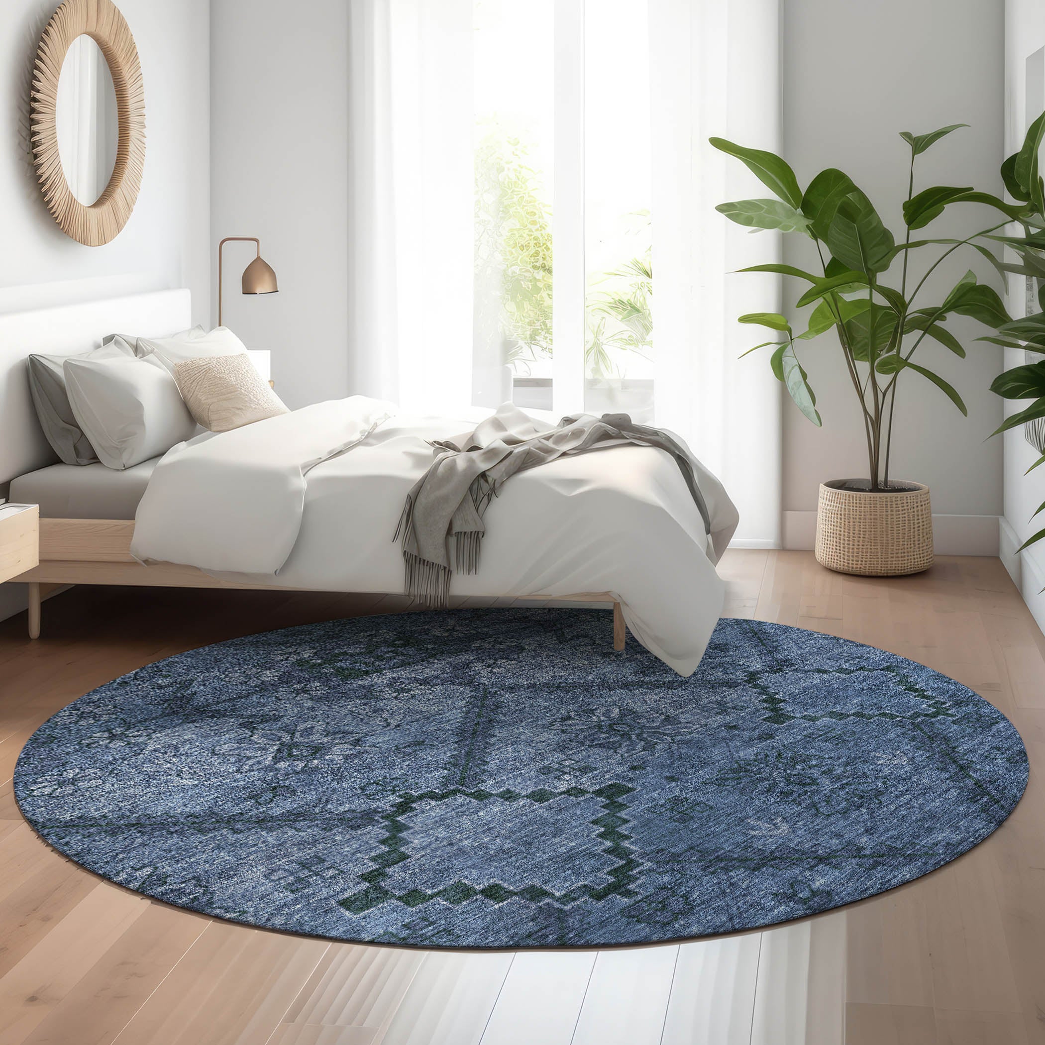 Dublin Machine Washable Transitional Navy Blue Rug 8' x 8' #shape_Round
