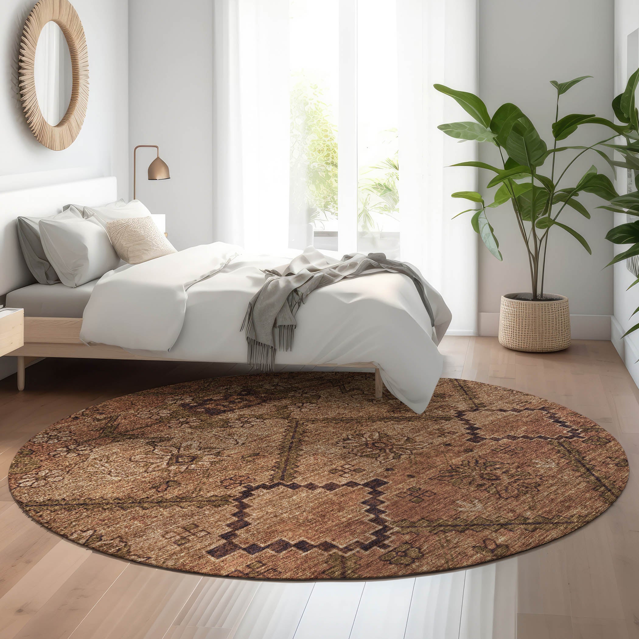 Dublin Machine Washable Transitional Paprika Orange Rug 8' x 8' #shape_Round