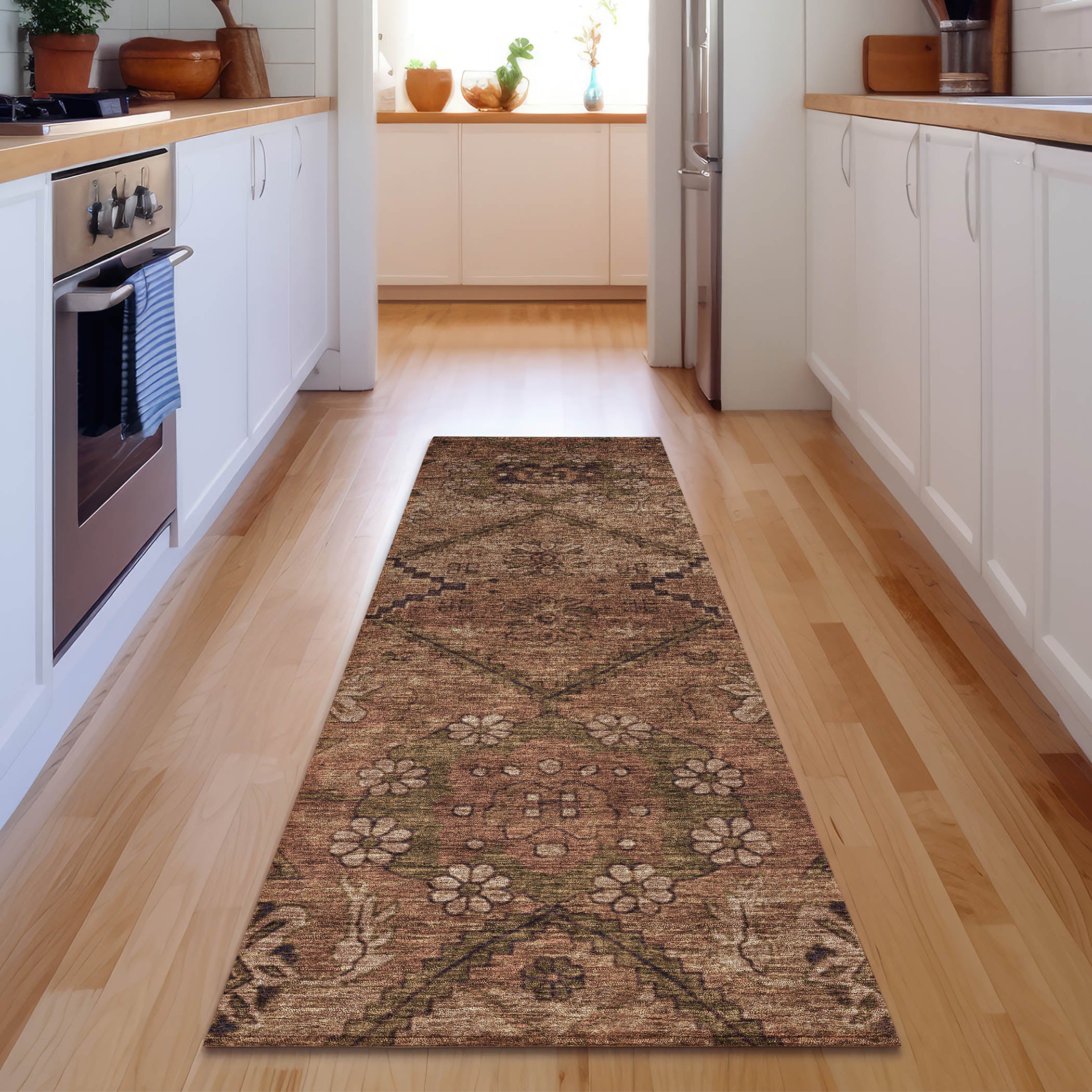 Dublin Machine Washable Transitional Paprika Orange Rug 2'3" x 7'6" #shape_Runner