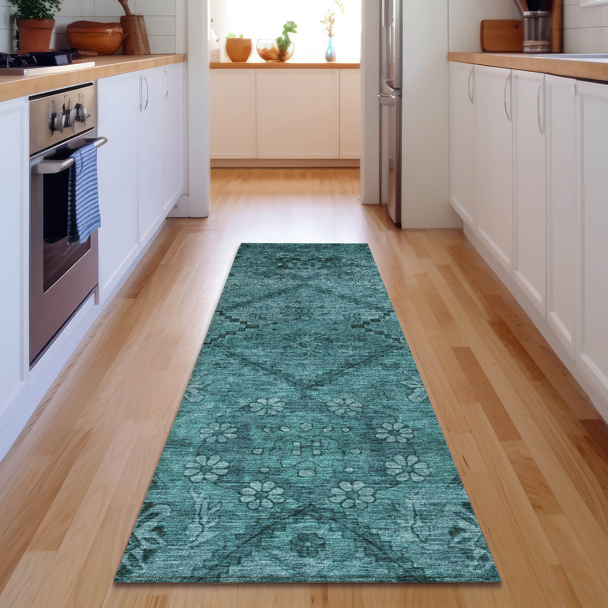Dublin Machine Washable Transitional Teal Rug 2'3" x 7'6" #shape_Runner