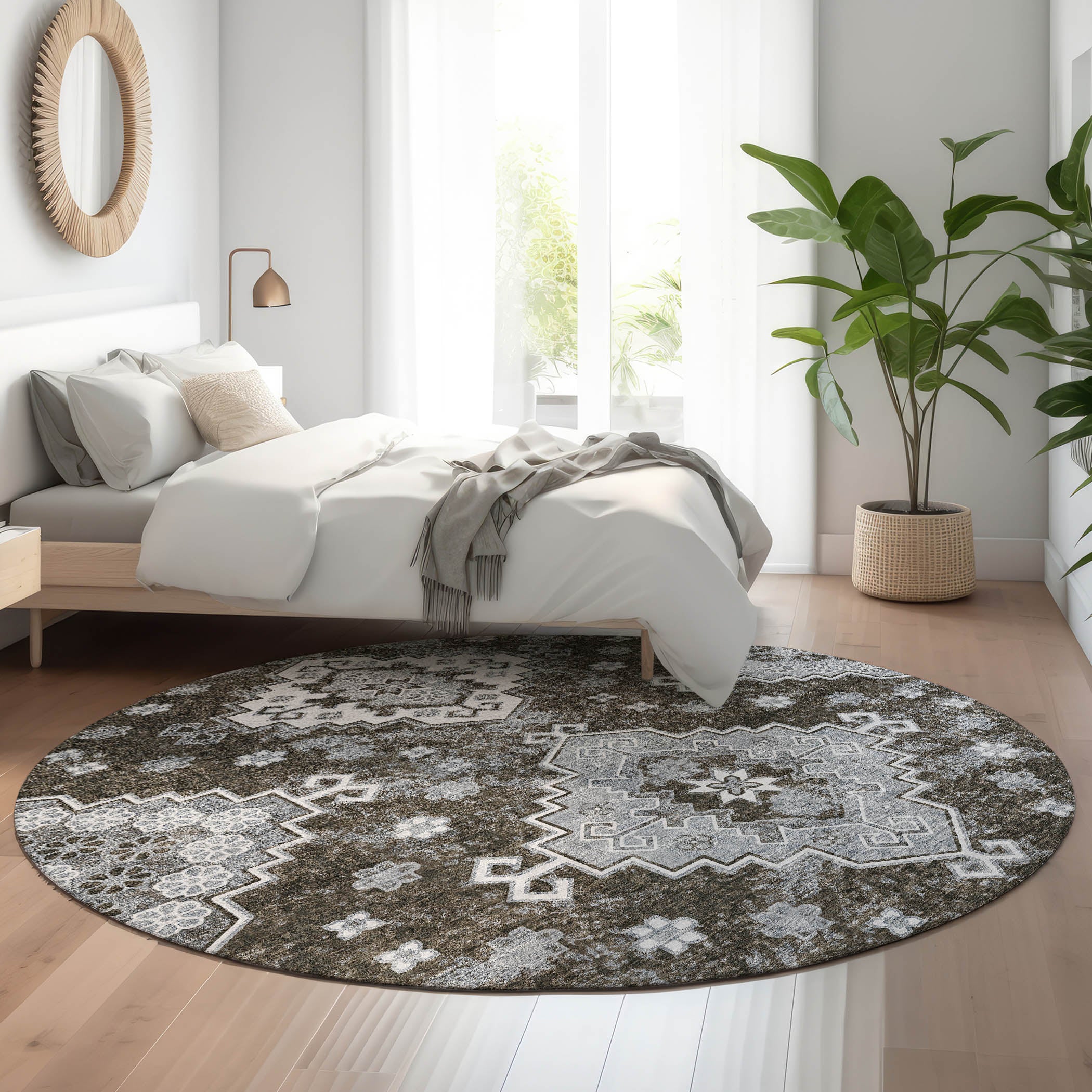 Cairo Machine Washable Traditional Chocolate Brown Rug 8' x 8' #shape_Round