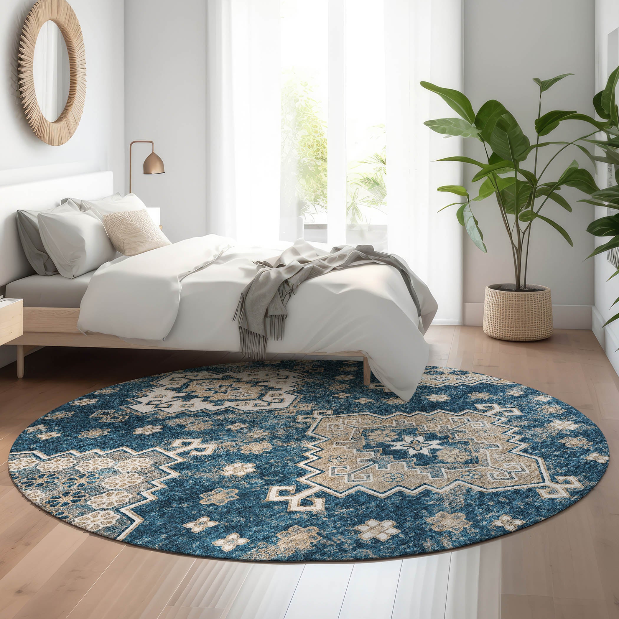 Cairo Machine Washable Traditional Navy Blue Rug 8' x 8' #shape_Round