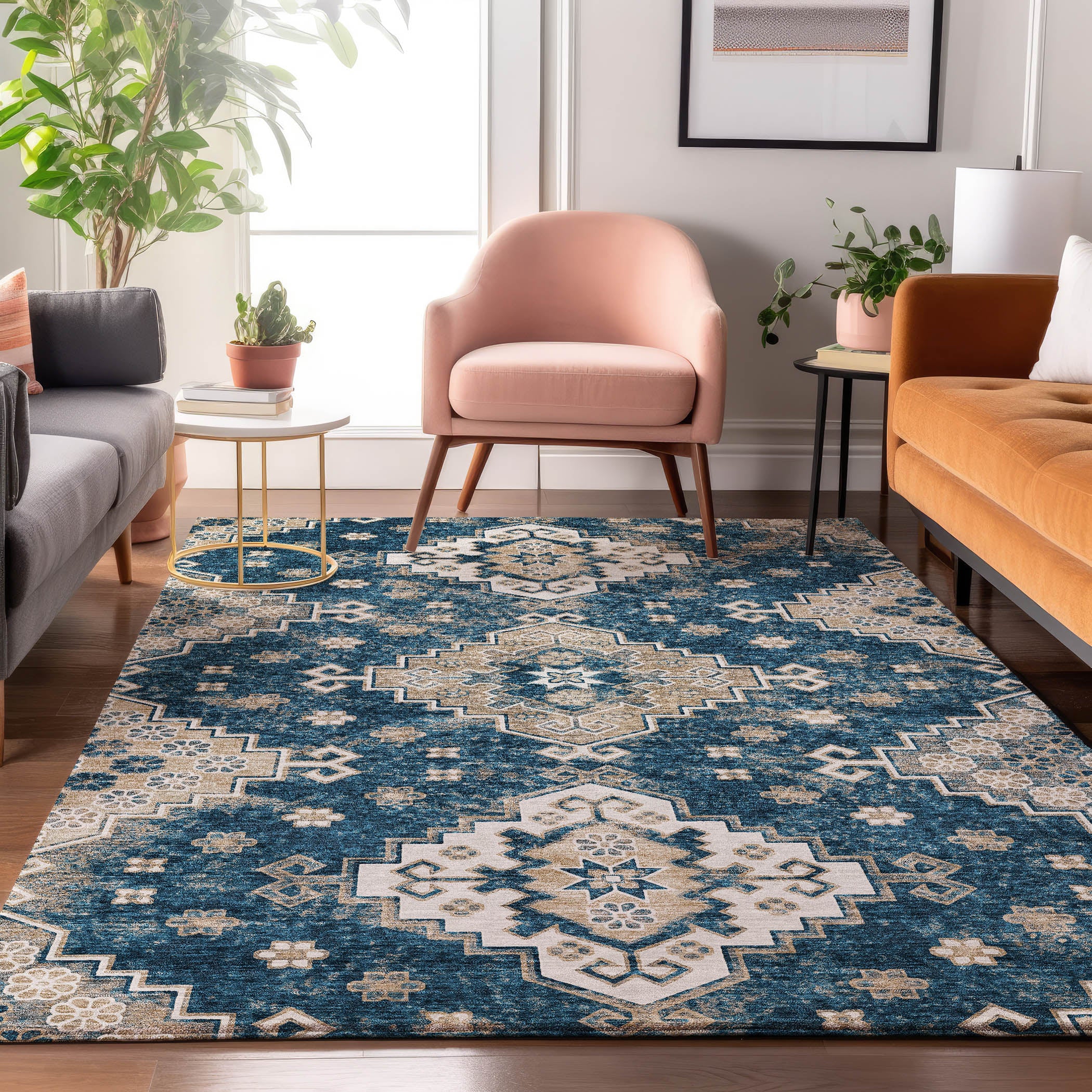 Cairo Machine Washable Traditional Navy Blue Rug 2'6" x 3'10" #shape_Rectangle