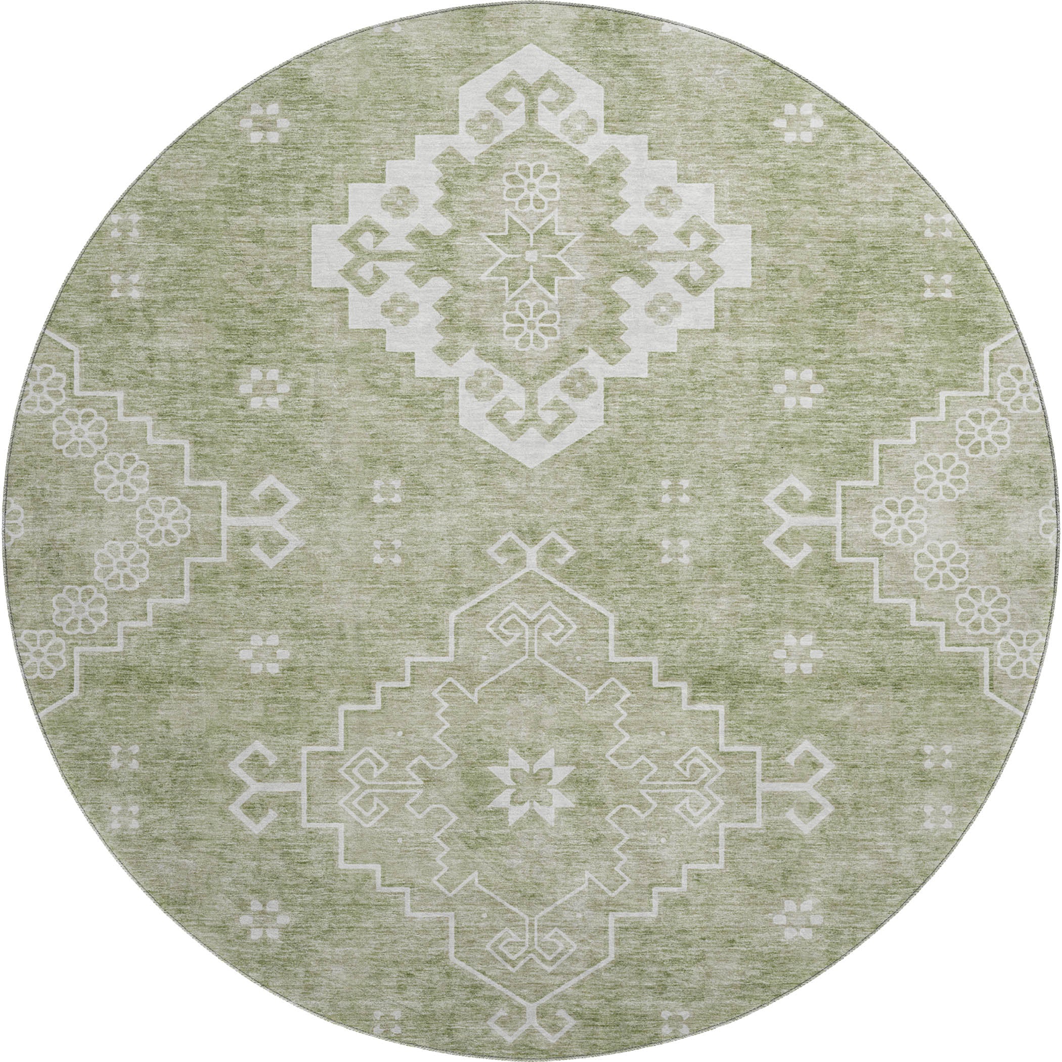 Santorini Machine Washable Traditional Aloe Green Rug 8' x 8' #shape_Round
