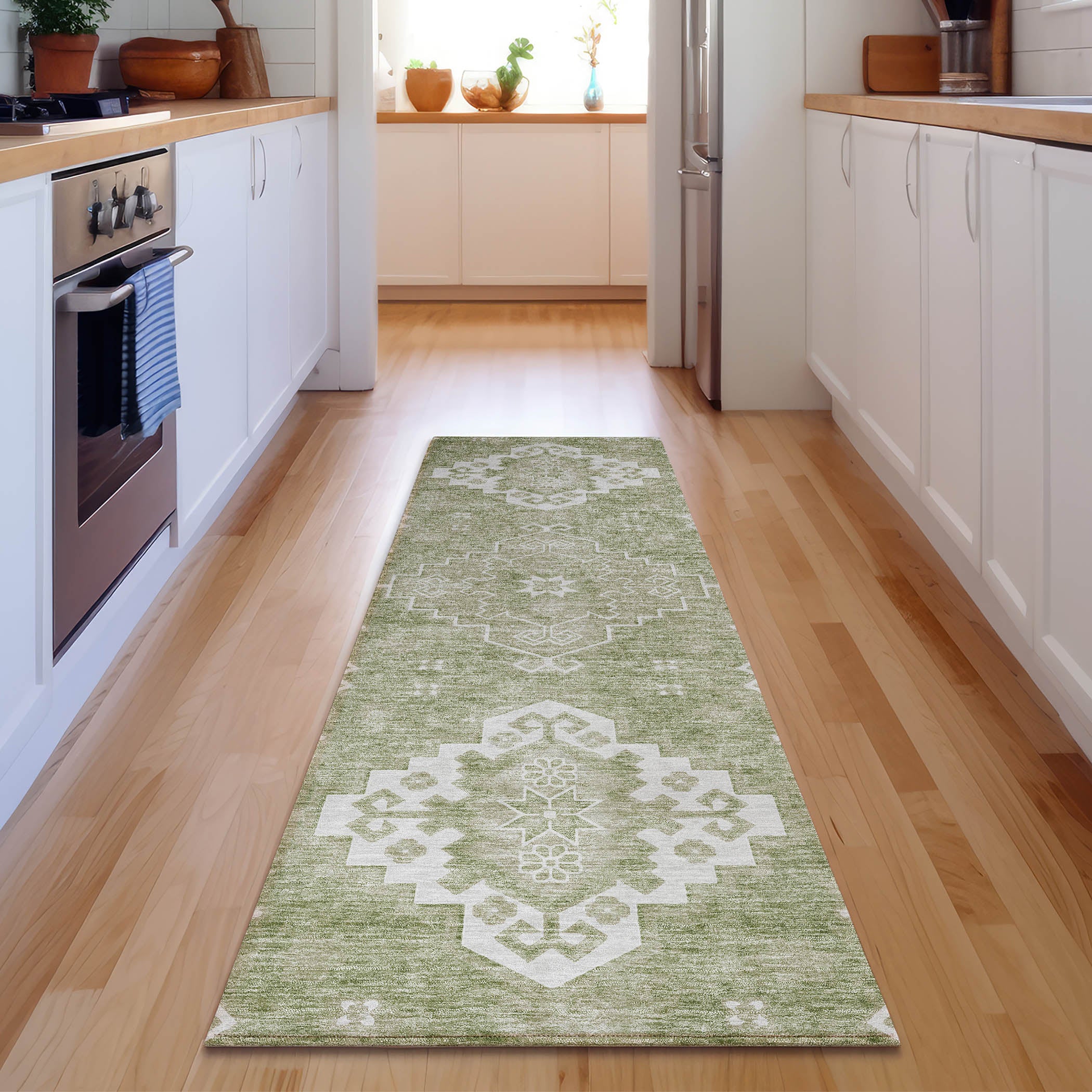 Santorini Machine Washable Traditional Aloe Green Rug 2'3" x 7'6" #shape_Runner
