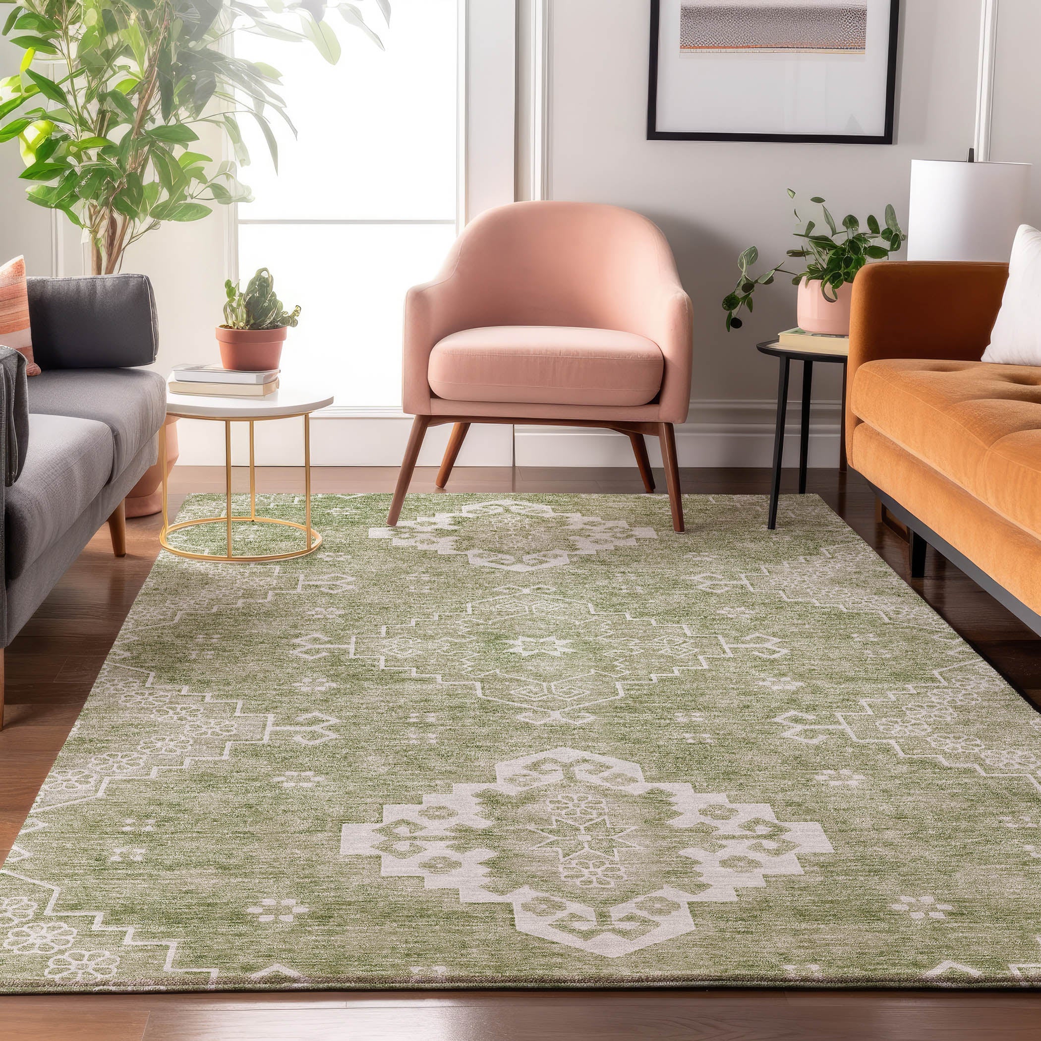 Santorini Machine Washable Traditional Aloe Green Rug 2'6" x 3'10" #shape_Rectangle