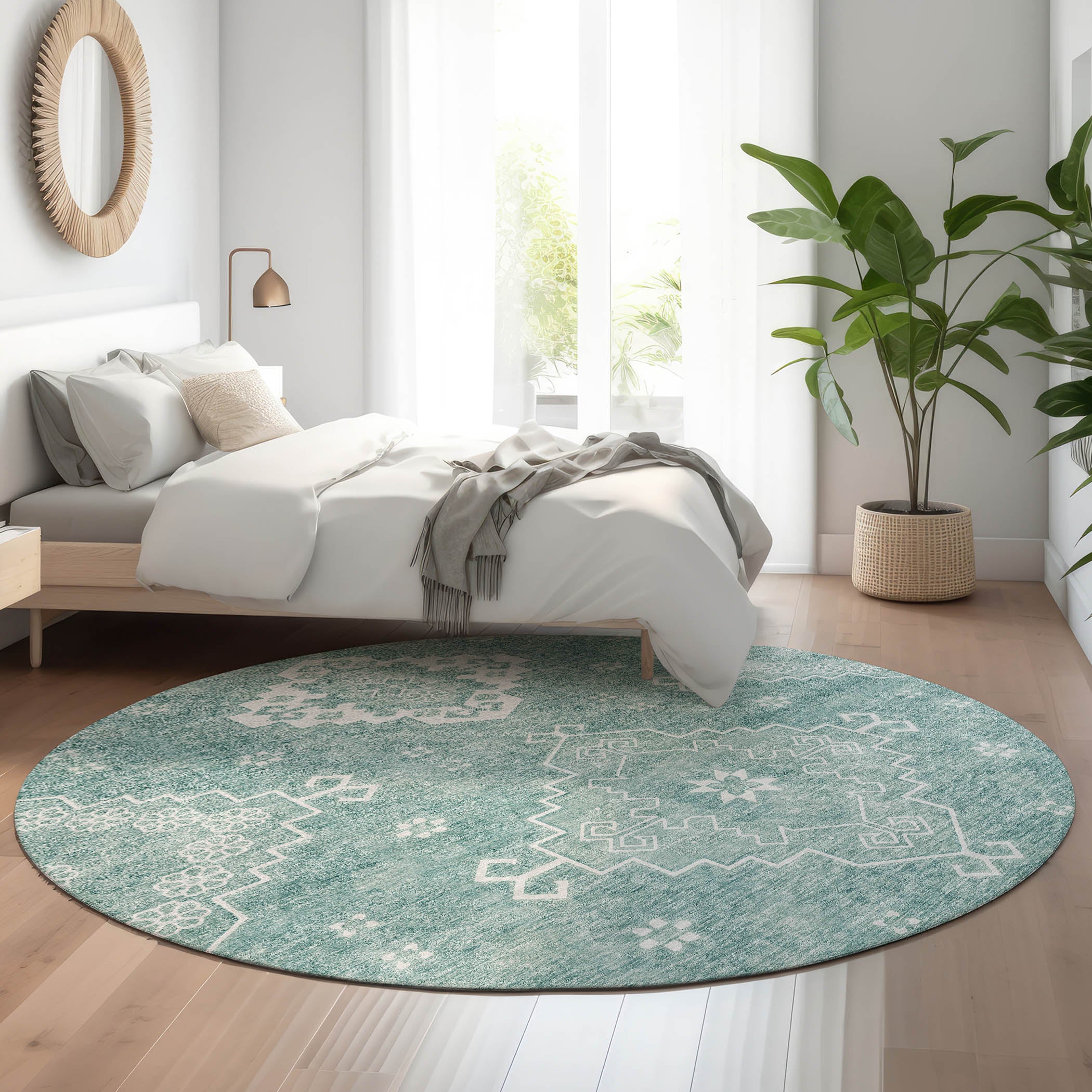 Santorini Machine Washable Traditional Aqua Teal Rug 8' x 8' #shape_Round