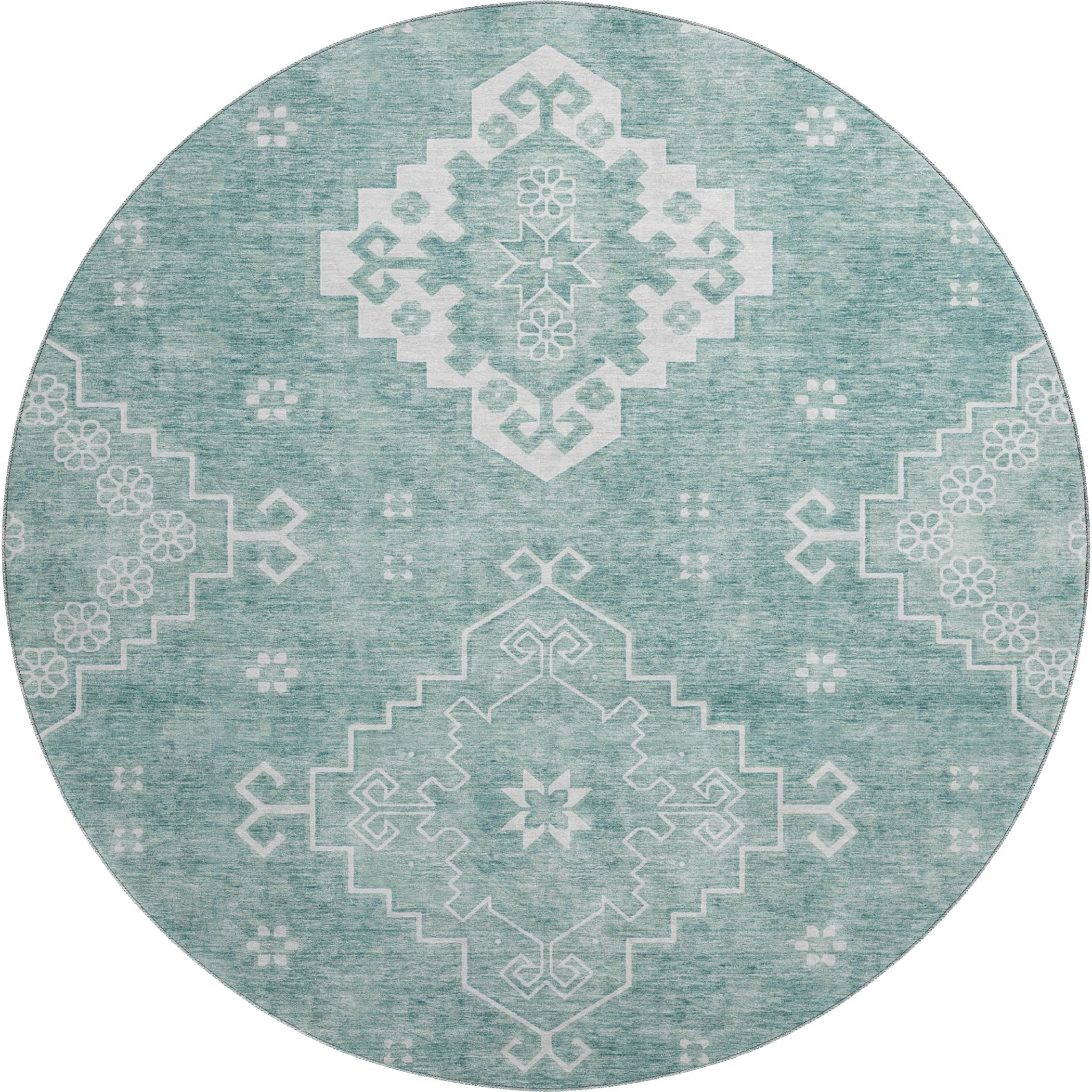 Santorini Machine Washable Traditional Aqua Teal Rug 8' x 8' #shape_Round