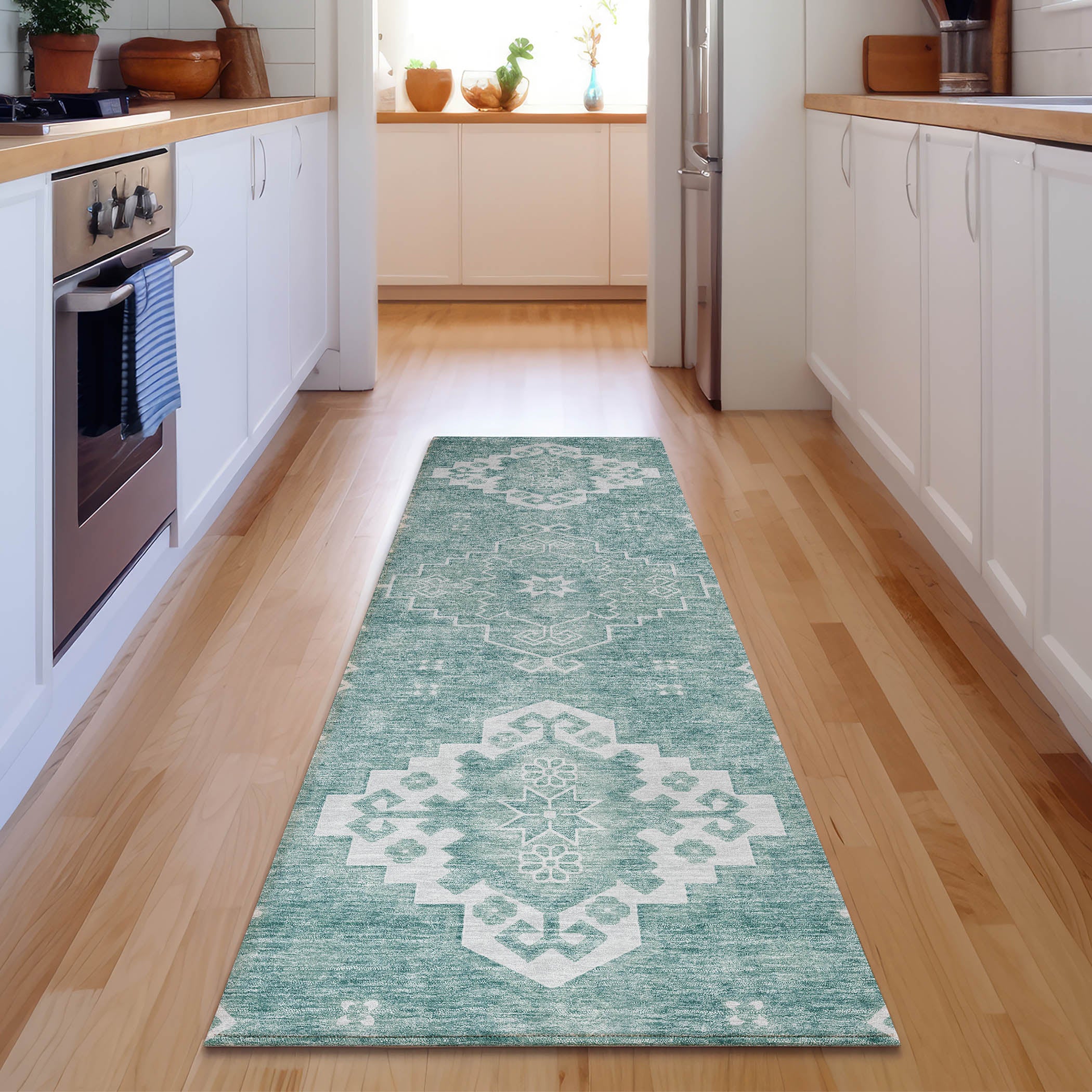 Santorini Machine Washable Traditional Aqua Teal Rug 2'3" x 7'6" #shape_Runner