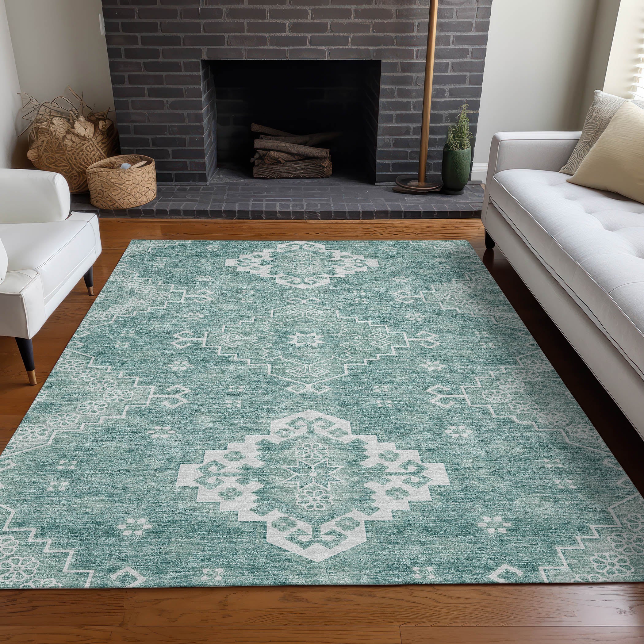 Santorini Machine Washable Traditional Aqua Teal Rug 2'6" x 3'10" #shape_Rectangle