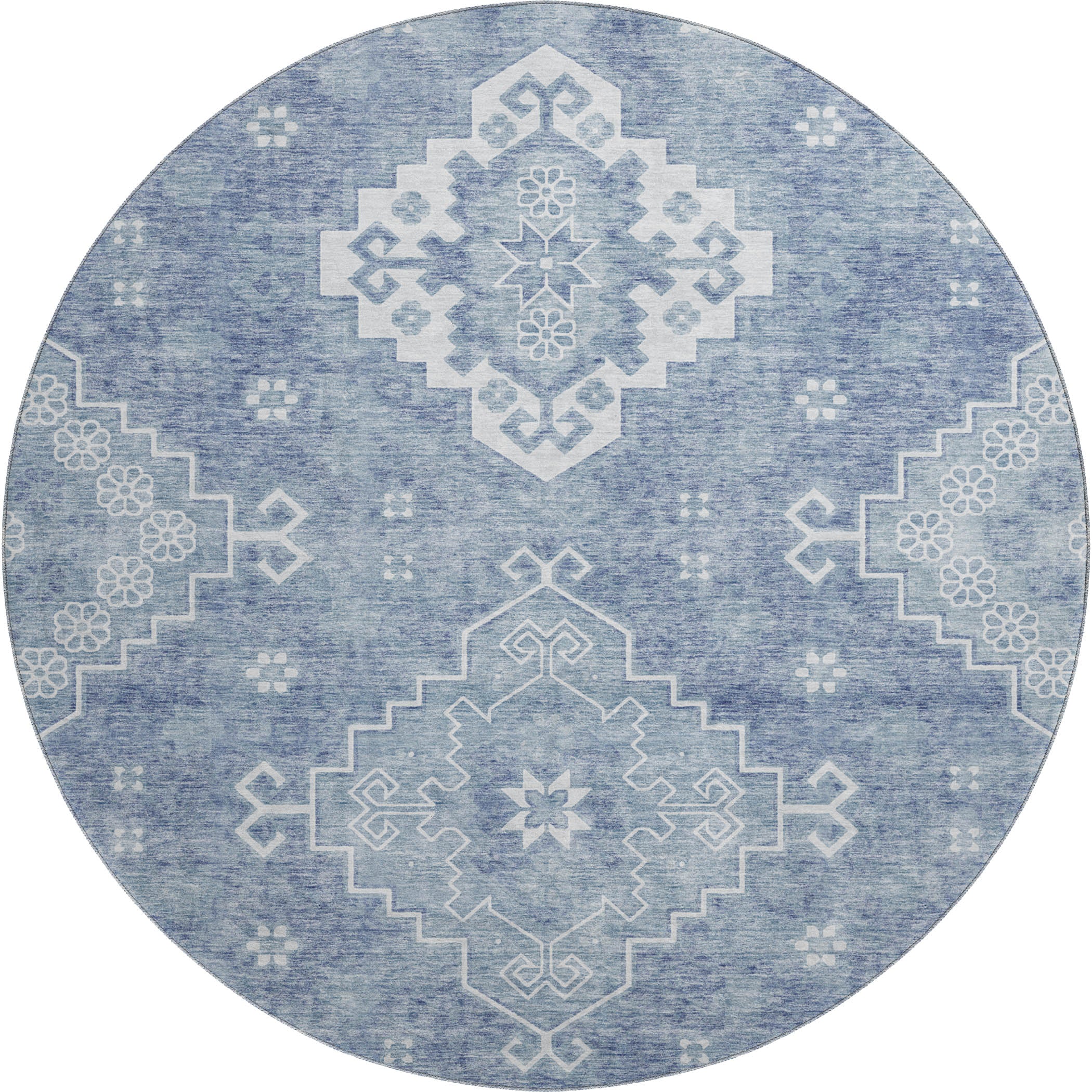 Santorini Machine Washable Traditional Blue Rug 8' x 8' #shape_Round