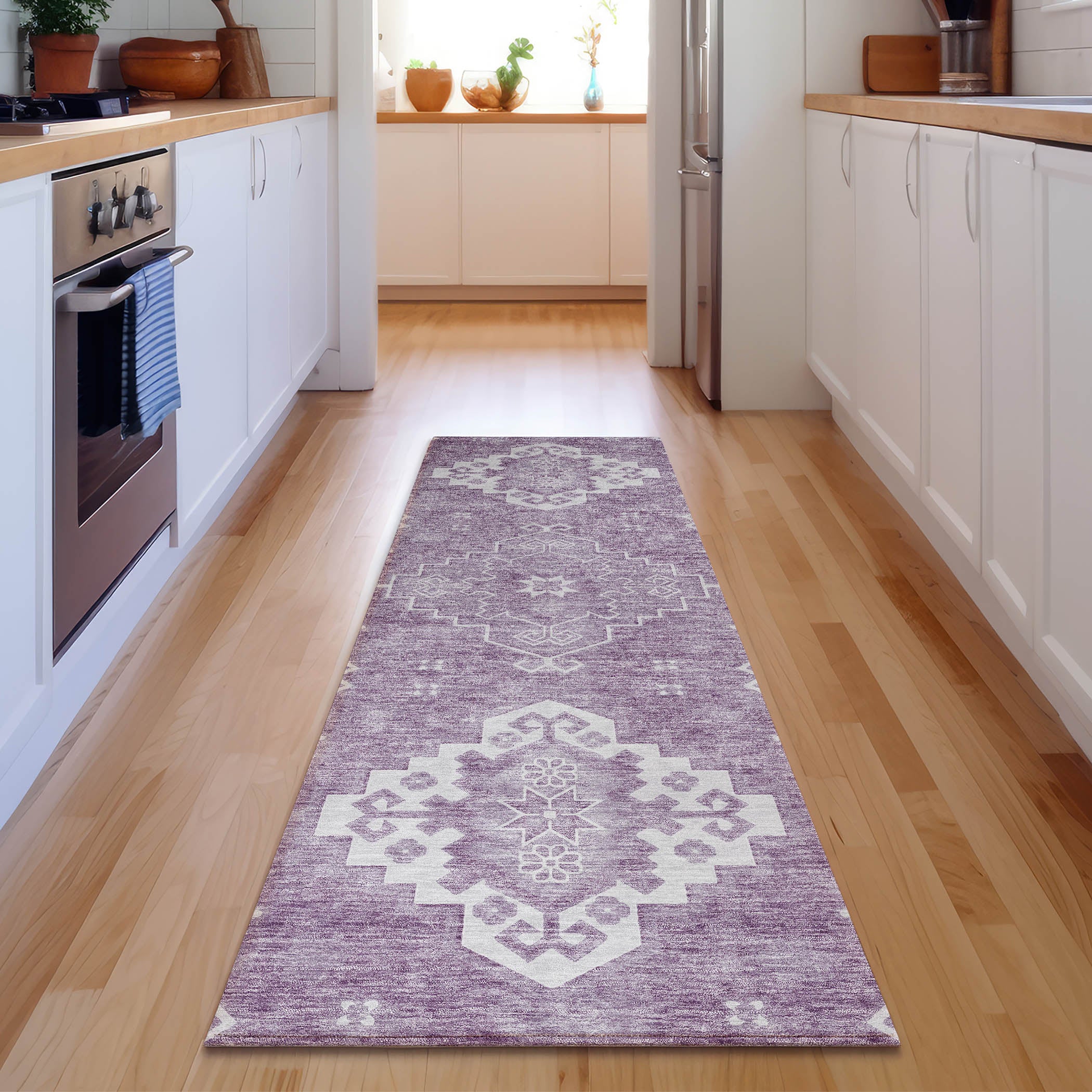Santorini Machine Washable Traditional Lavender Purple Rug 2'3" x 7'6" #shape_Runner