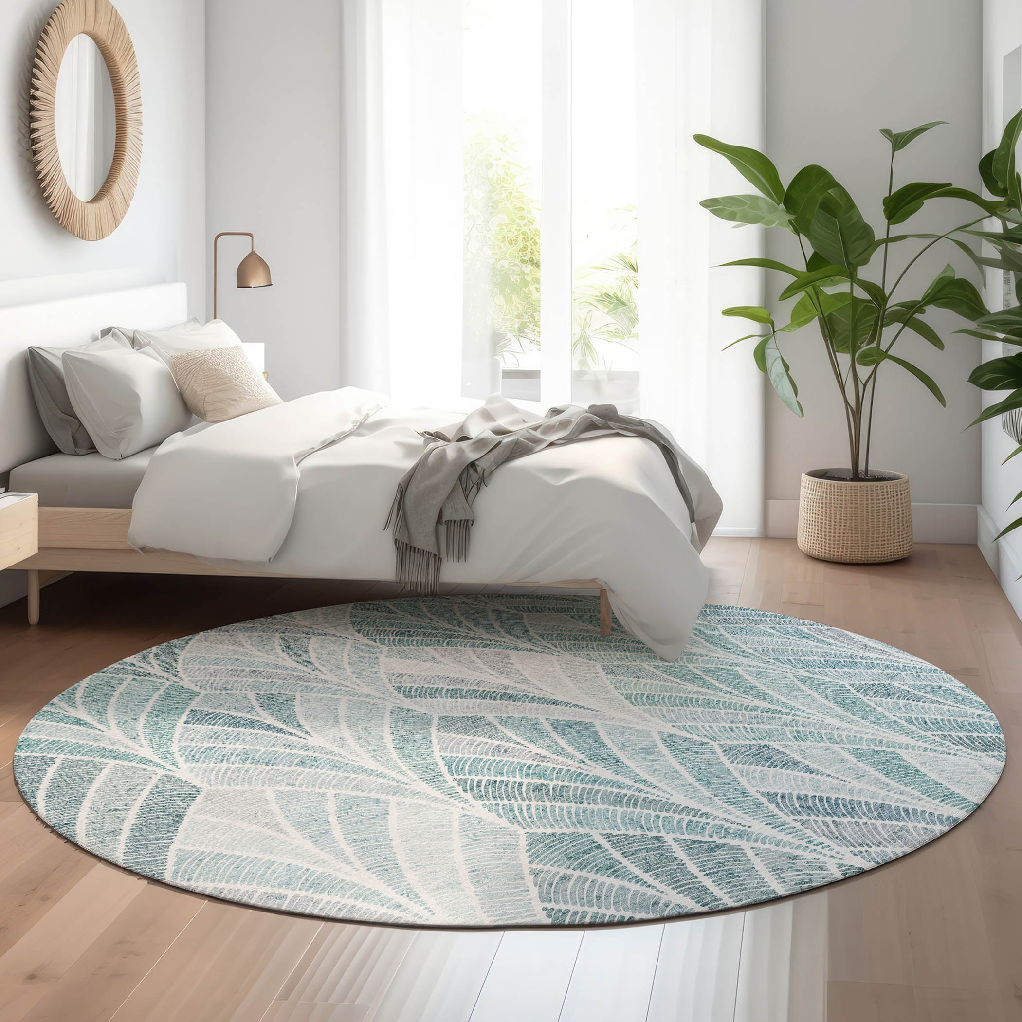 Montevideo Machine Washable Transitional Aqua Teal Rug 8' x 8' #shape_Round