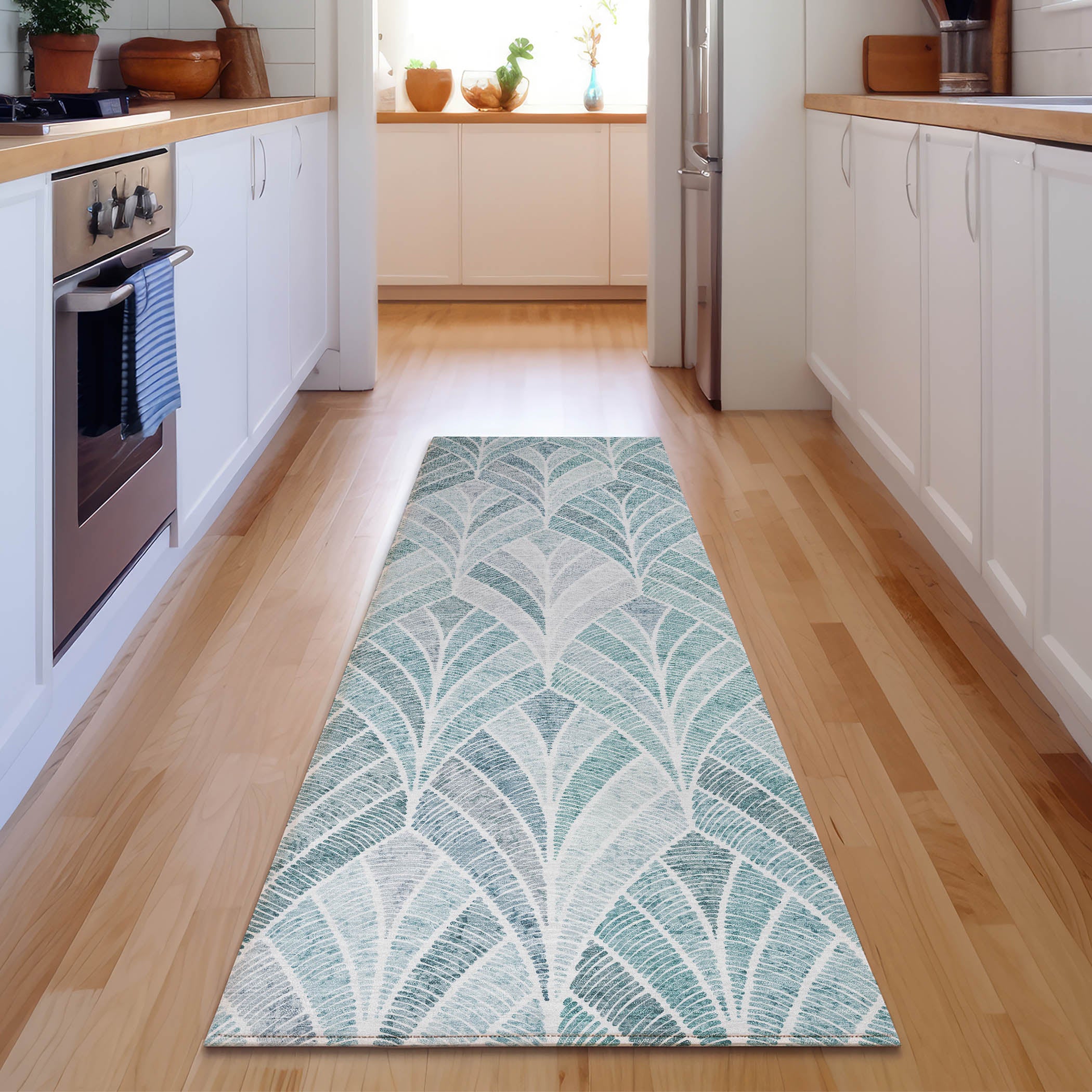 Montevideo Machine Washable Transitional Aqua Teal Rug 2'3" x 7'6" #shape_Runner