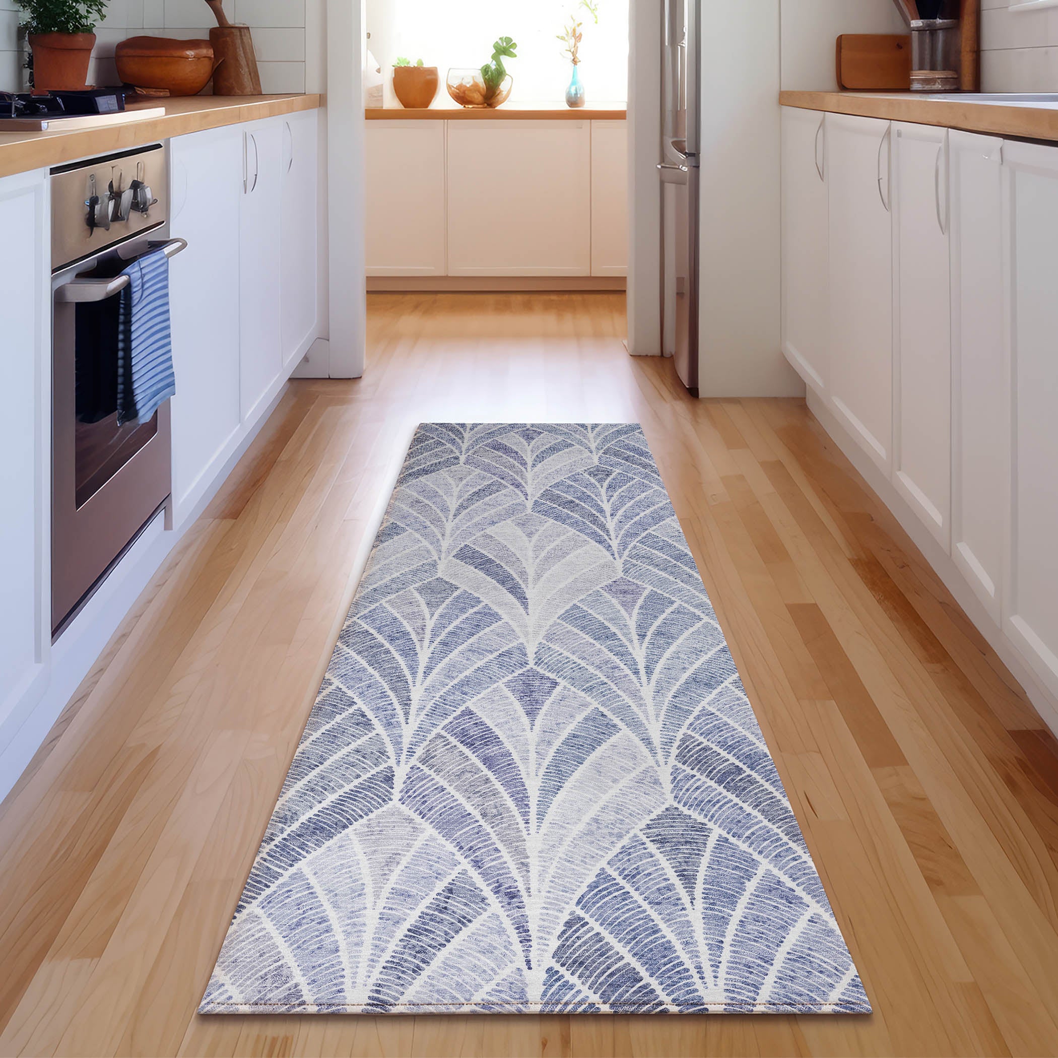 Montevideo Machine Washable Transitional Denim Blue Rug 2'3" x 7'6" #shape_Runner