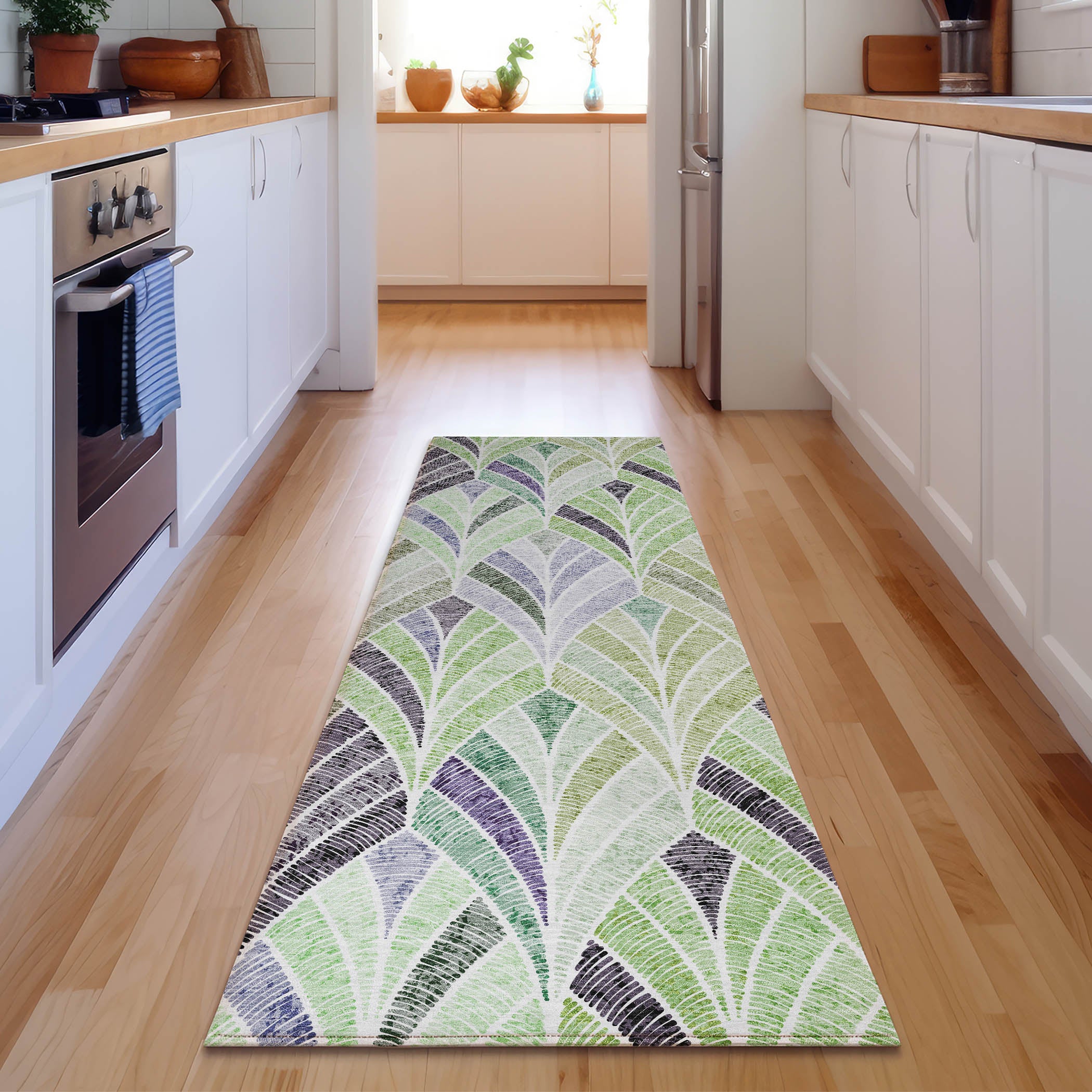 Montevideo Machine Washable Transitional Green Rug 2'3" x 7'6" #shape_Runner
