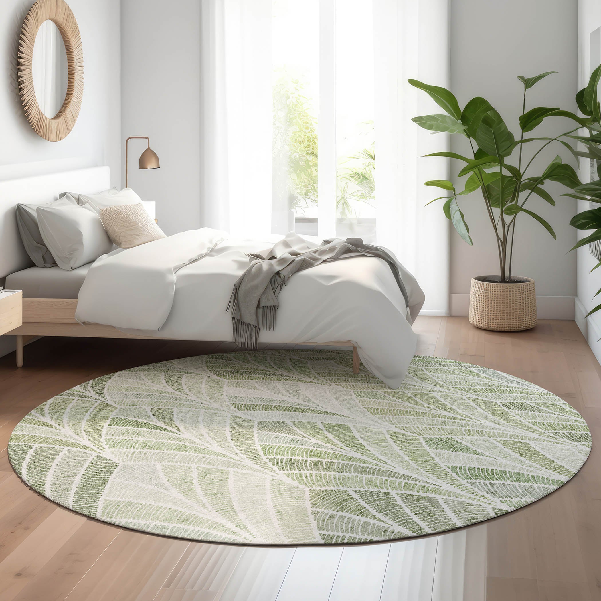 Montevideo Machine Washable Transitional Sage Green Rug 8' x 8' #shape_Round
