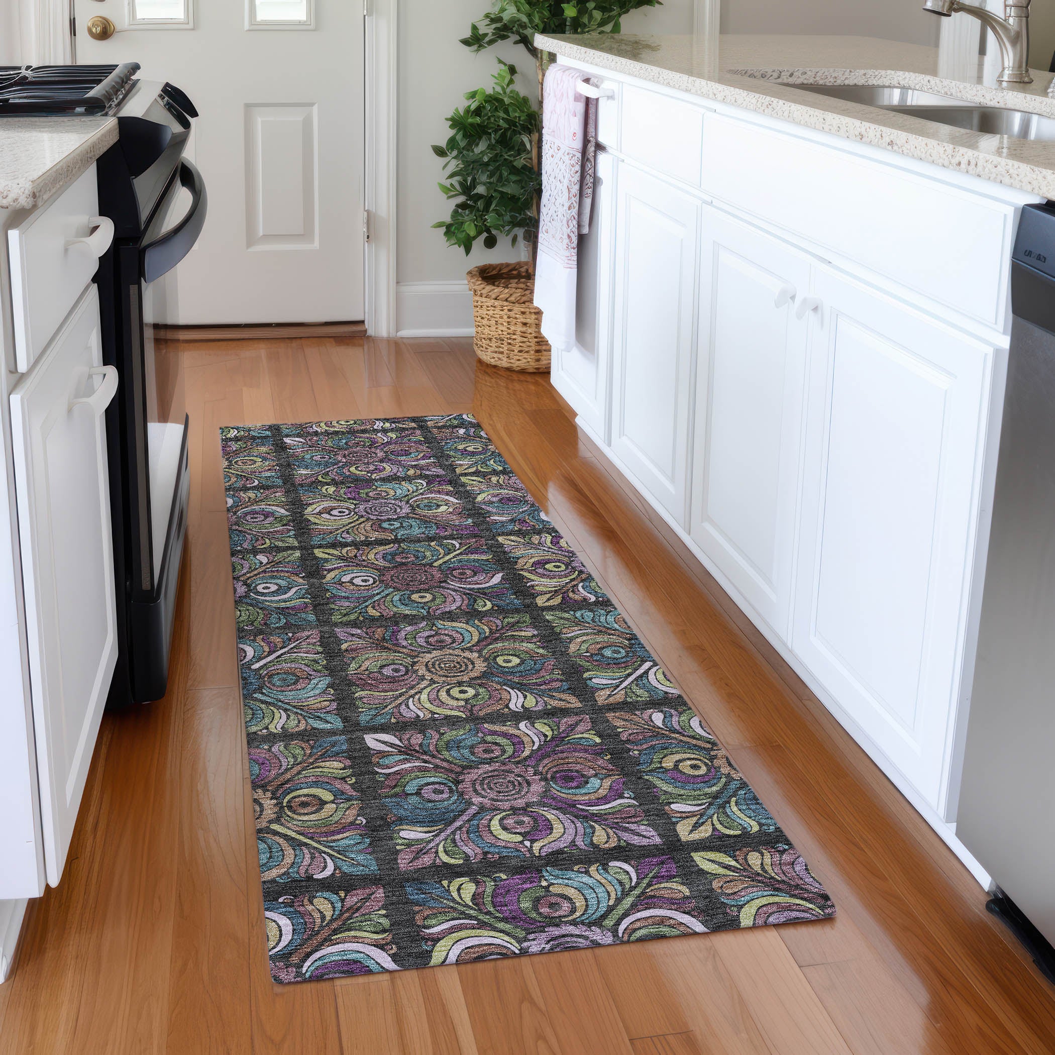 Florence Machine Washable Transitional Black Rug 2'3" x 7'6" #shape_Runner