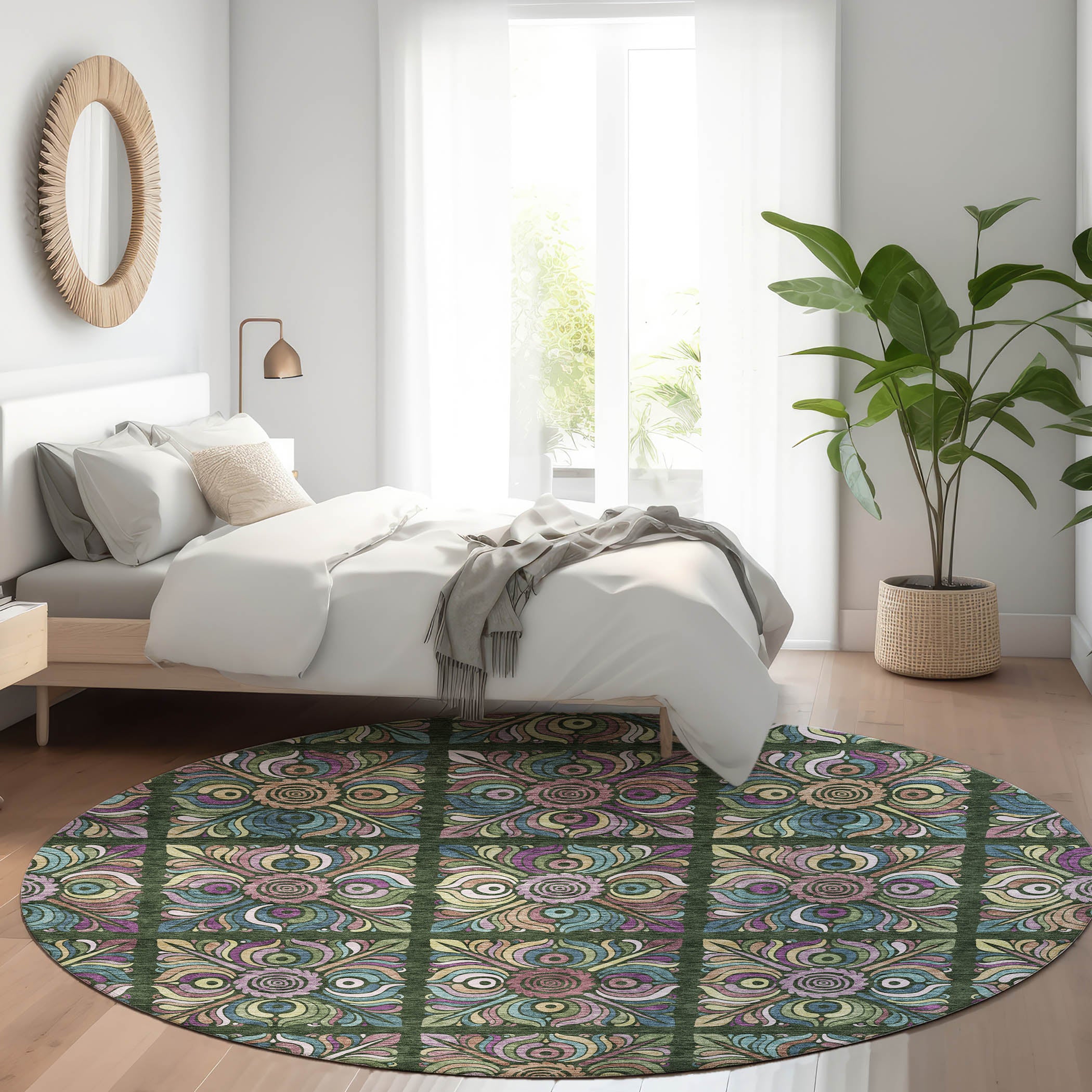 Florence Machine Washable Transitional Fern Green Rug 8' x 8' #shape_Round