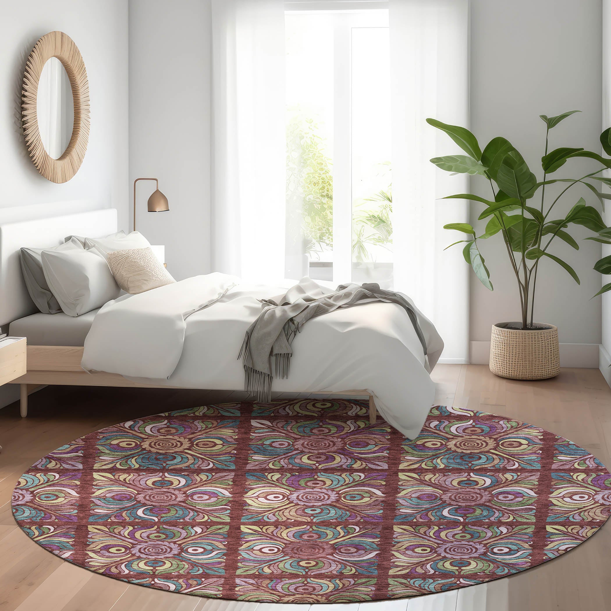 Florence Machine Washable Transitional Paprika Orange Rug 8' x 8' #shape_Round