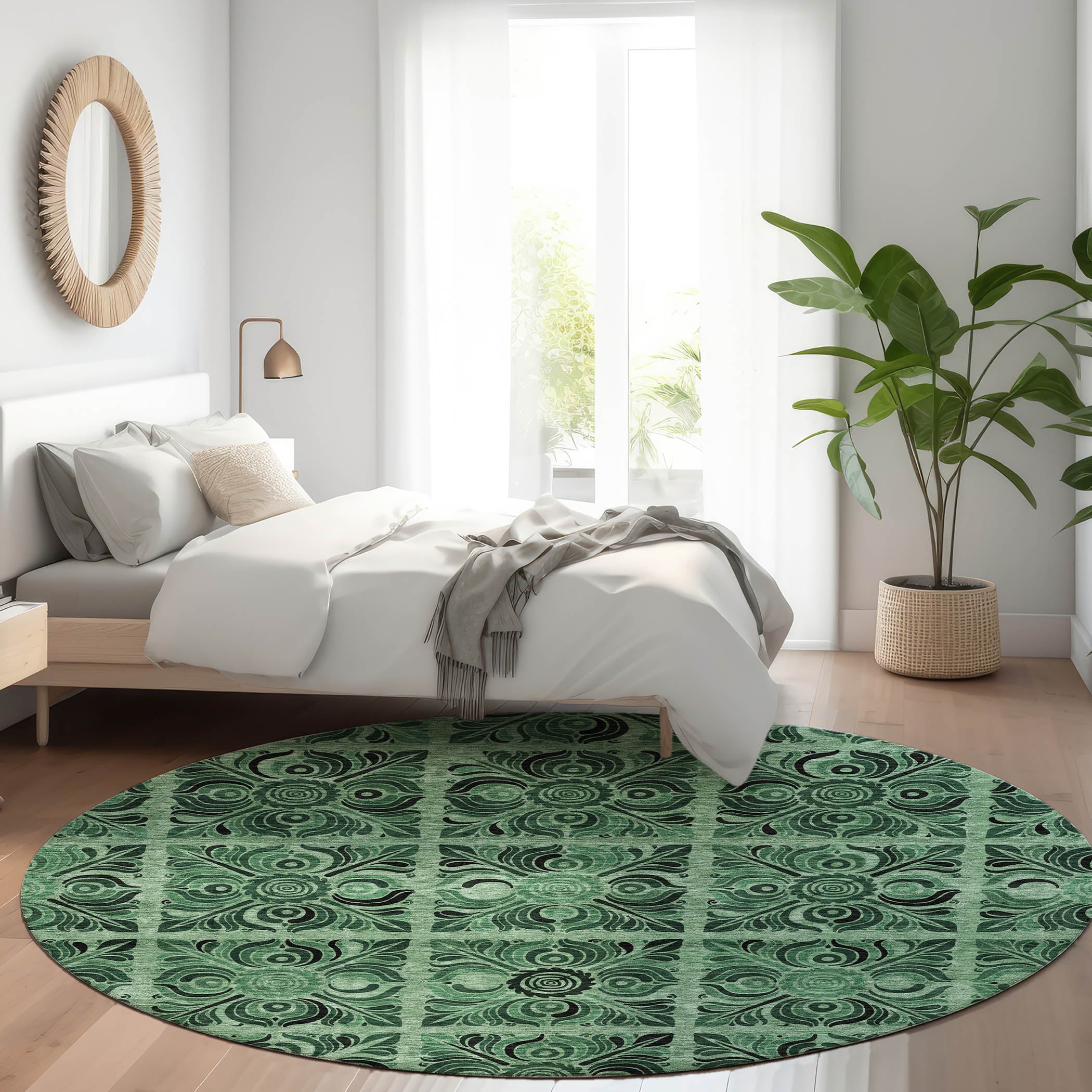 Sarajevo Machine Washable Transitional Green Rug 8' x 8' #shape_Round