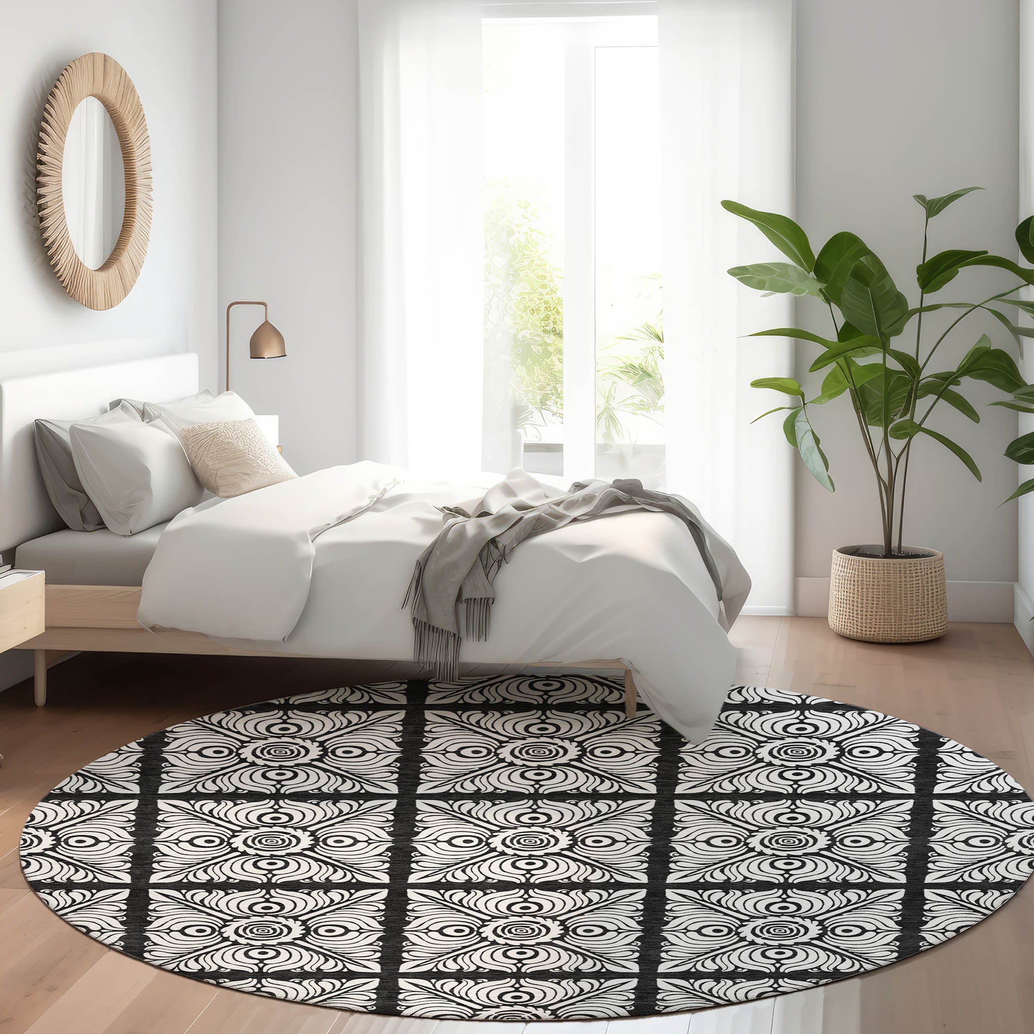 Athens Machine Washable Transitional Black Rug 8' x 8' #shape_Round