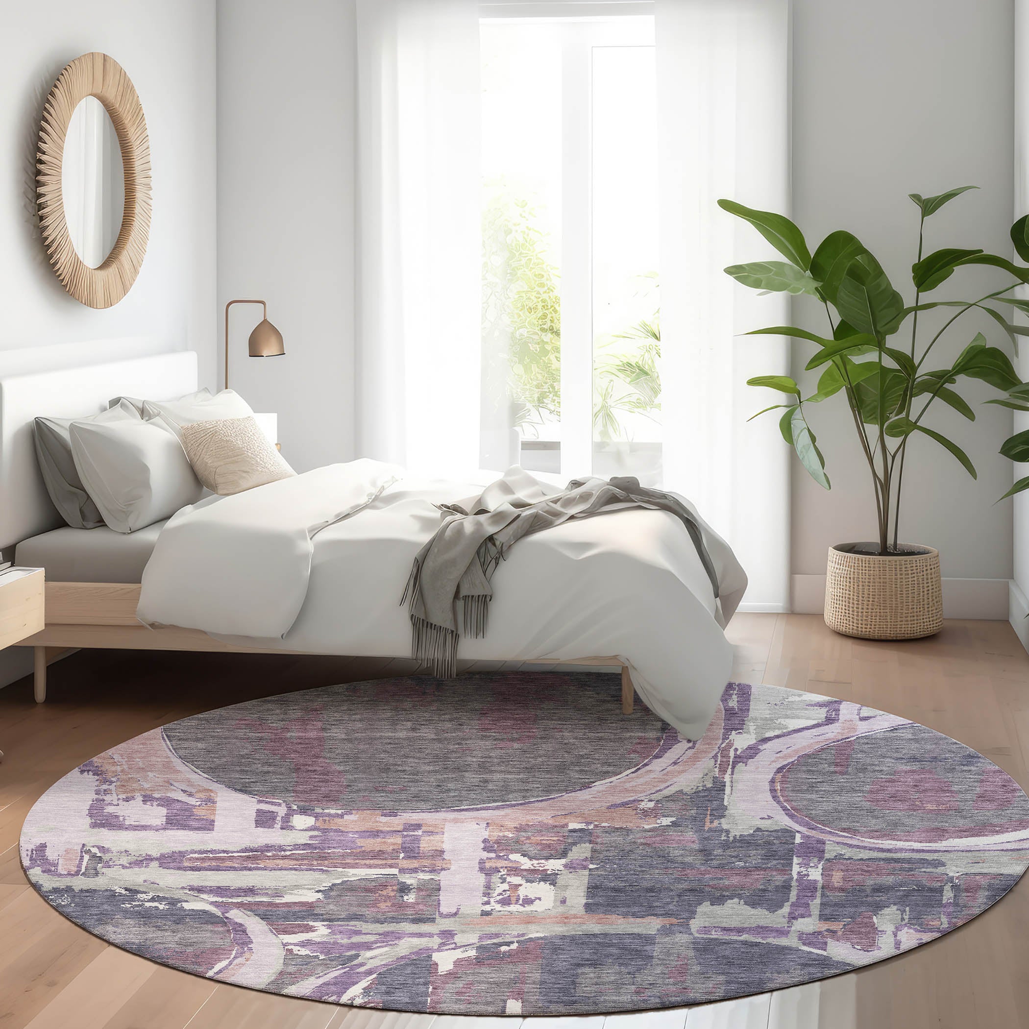 Lima Machine Washable Transitional Purple Rug 8' x 8' #shape_Round