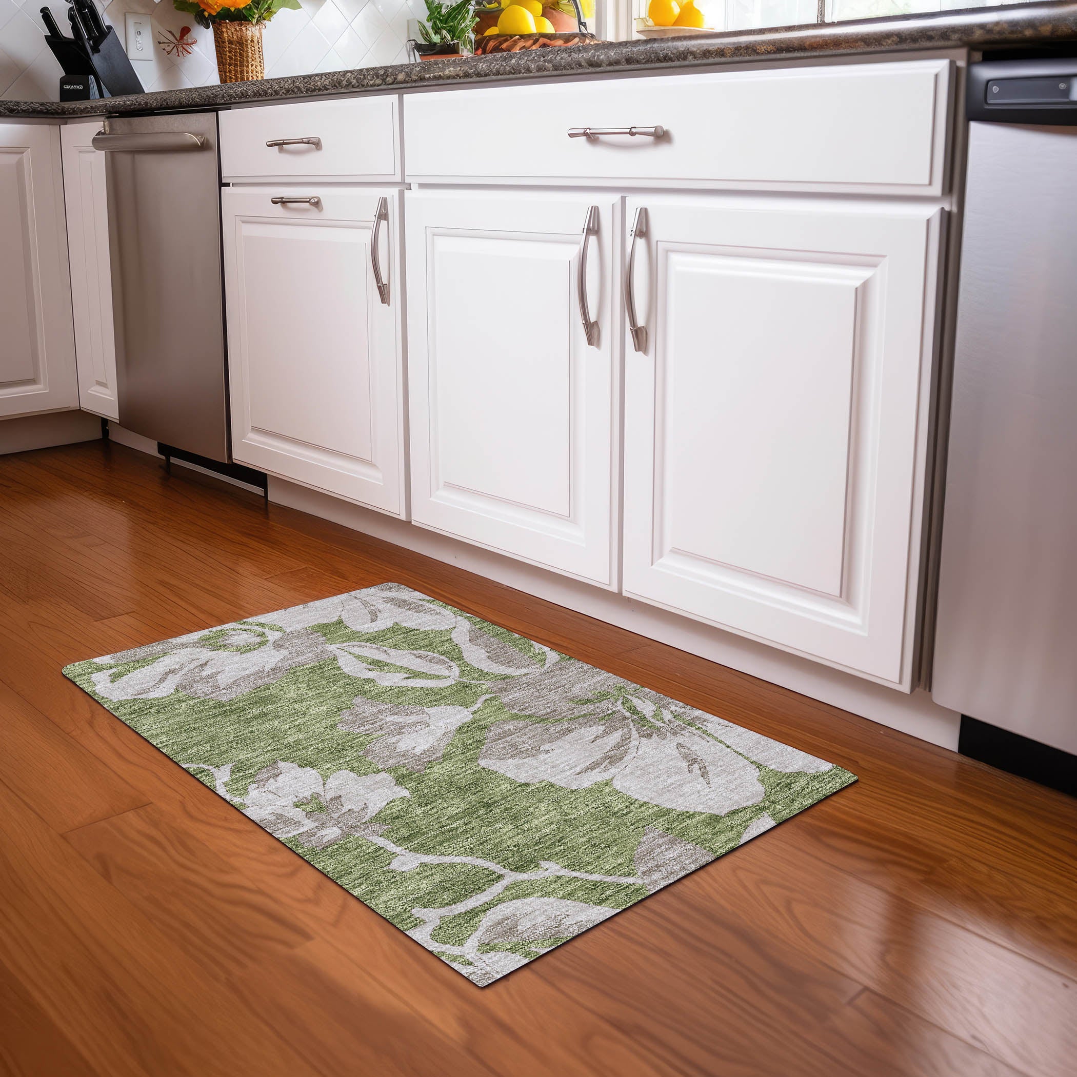 Oaxaca Machine Washable Transitional Olive Green Rug 1'8" x 2'6" #shape_Rectangle