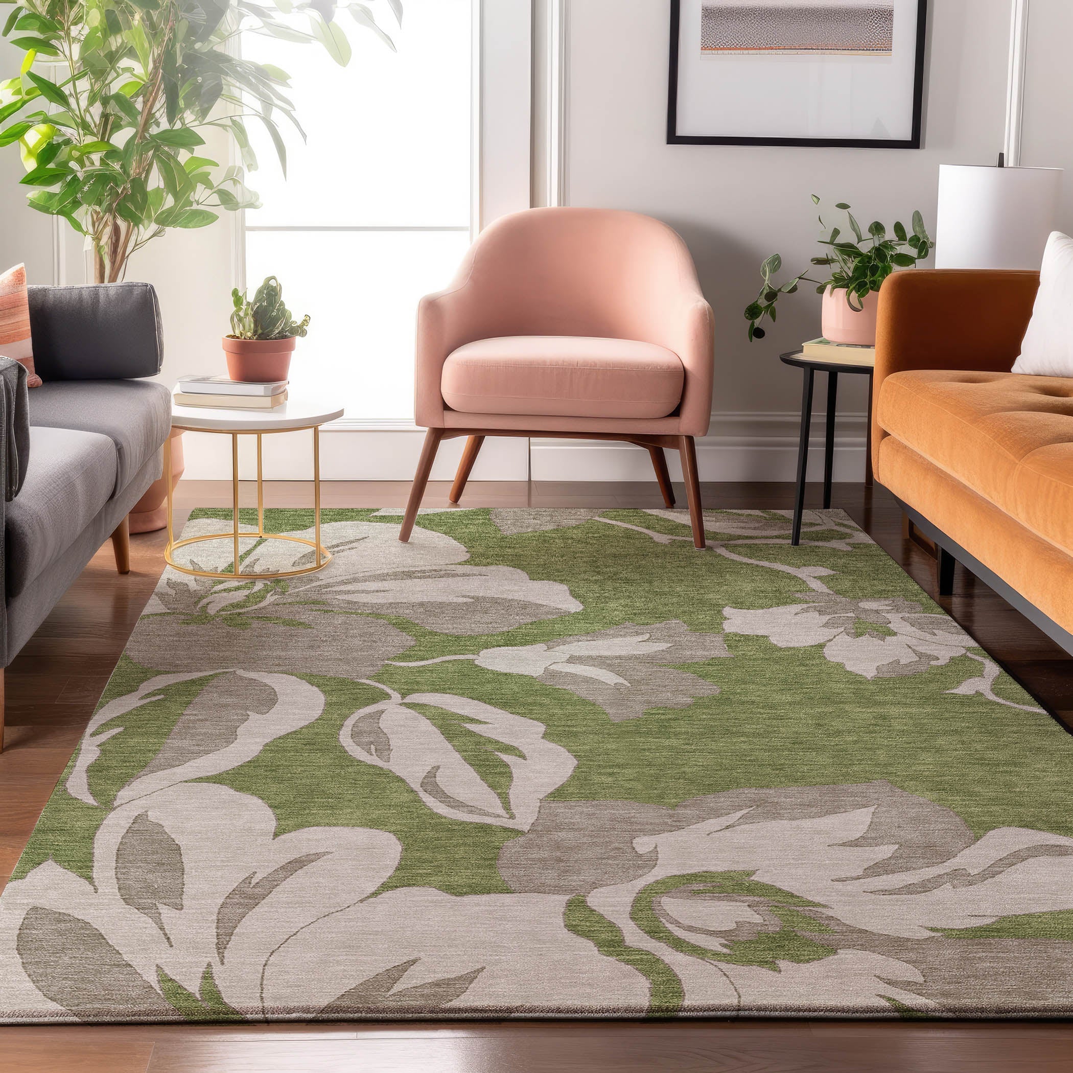 Oaxaca Machine Washable Transitional Olive Green Rug 2'6" x 3'10" #shape_Rectangle