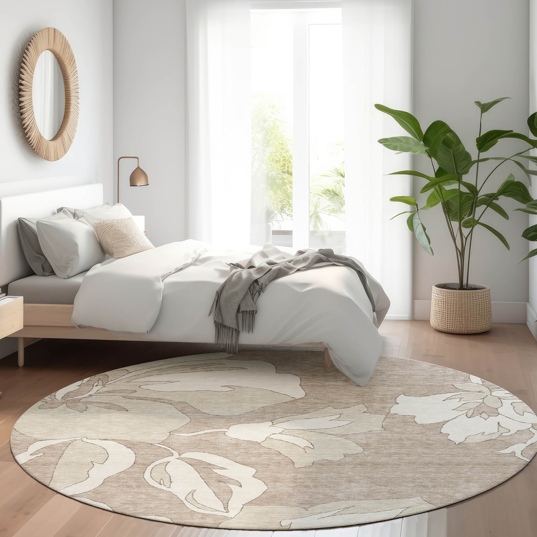 Oaxaca Machine Washable Transitional Taupe Brown Rug 8' x 8' #shape_Round