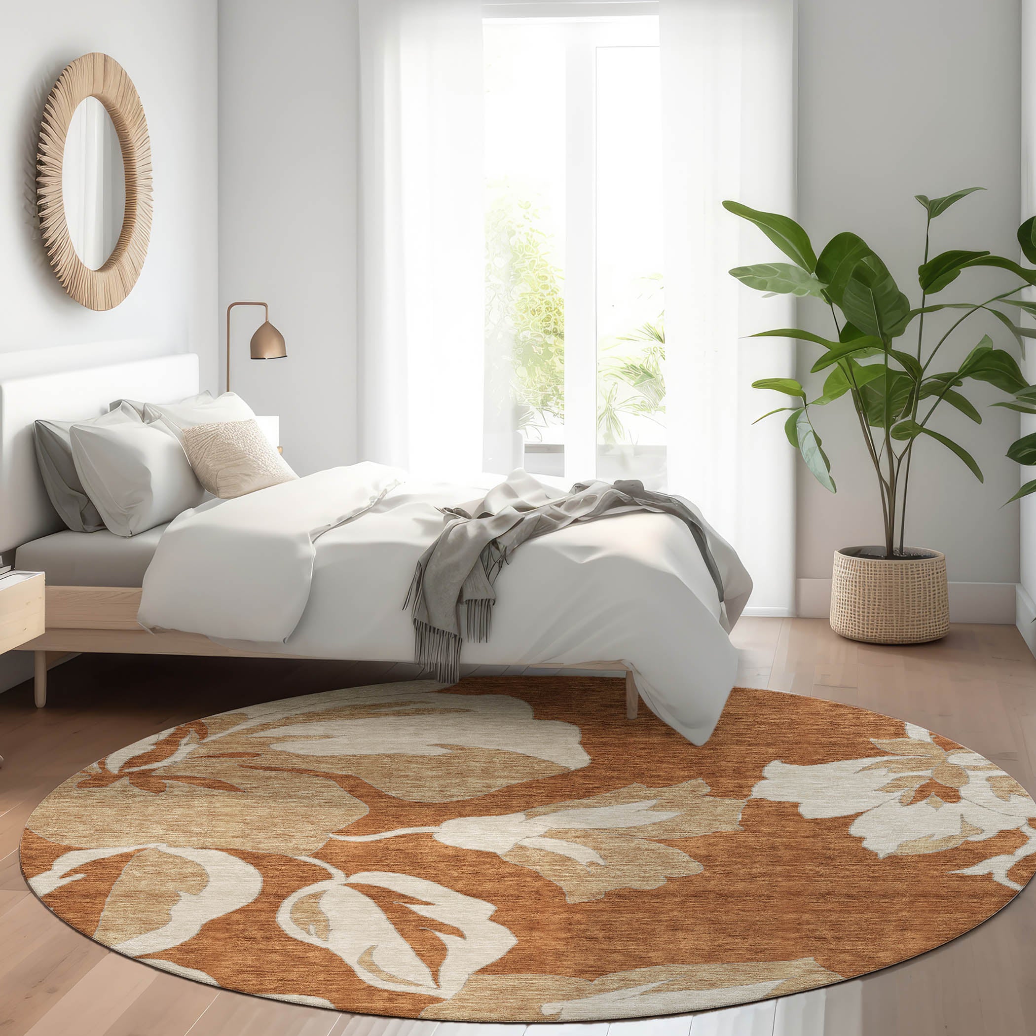Oaxaca Machine Washable Transitional Terracotta Orange Rug 8' x 8' #shape_Round