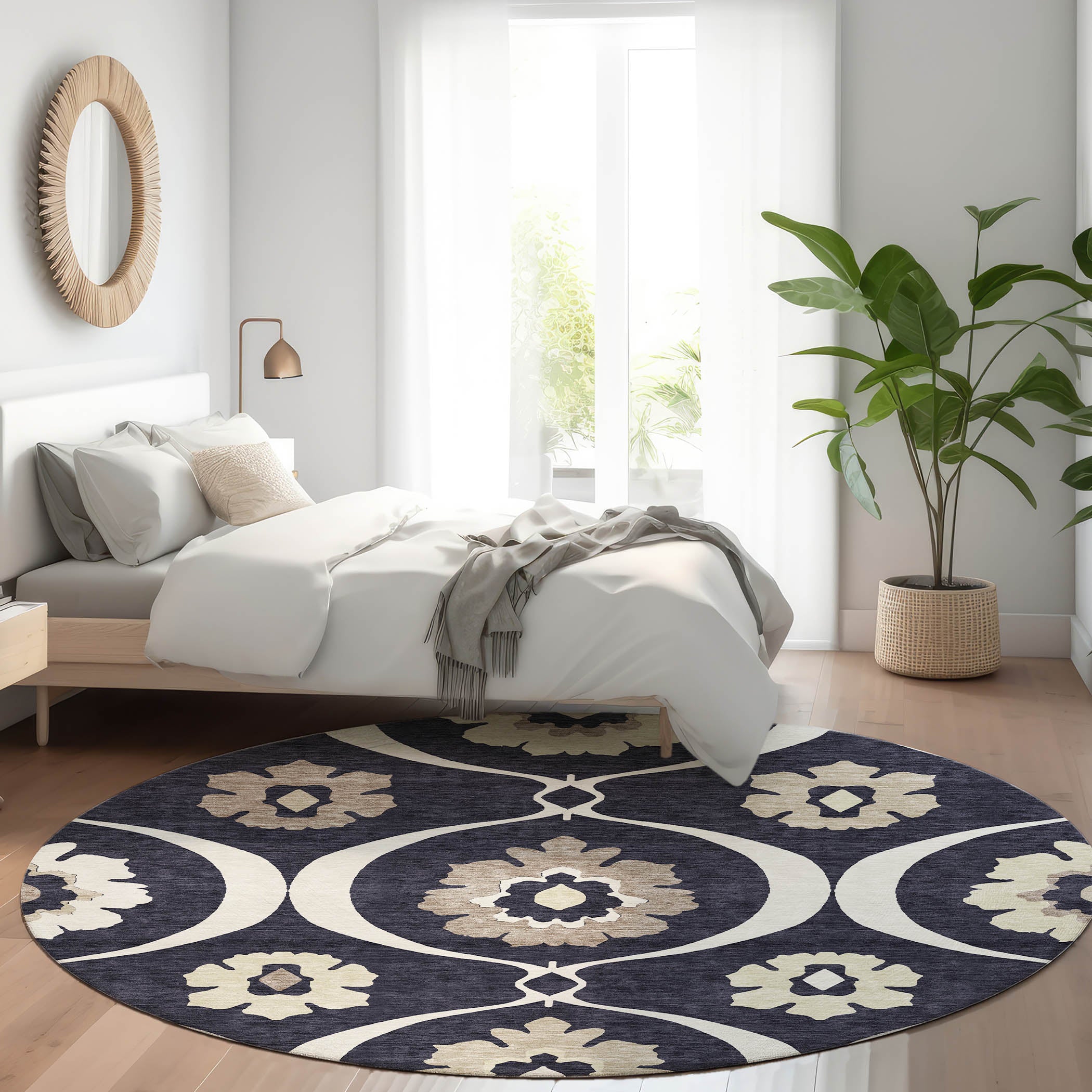 Budapest Machine Washable Transitional Black Rug 8' x 8' #shape_Round