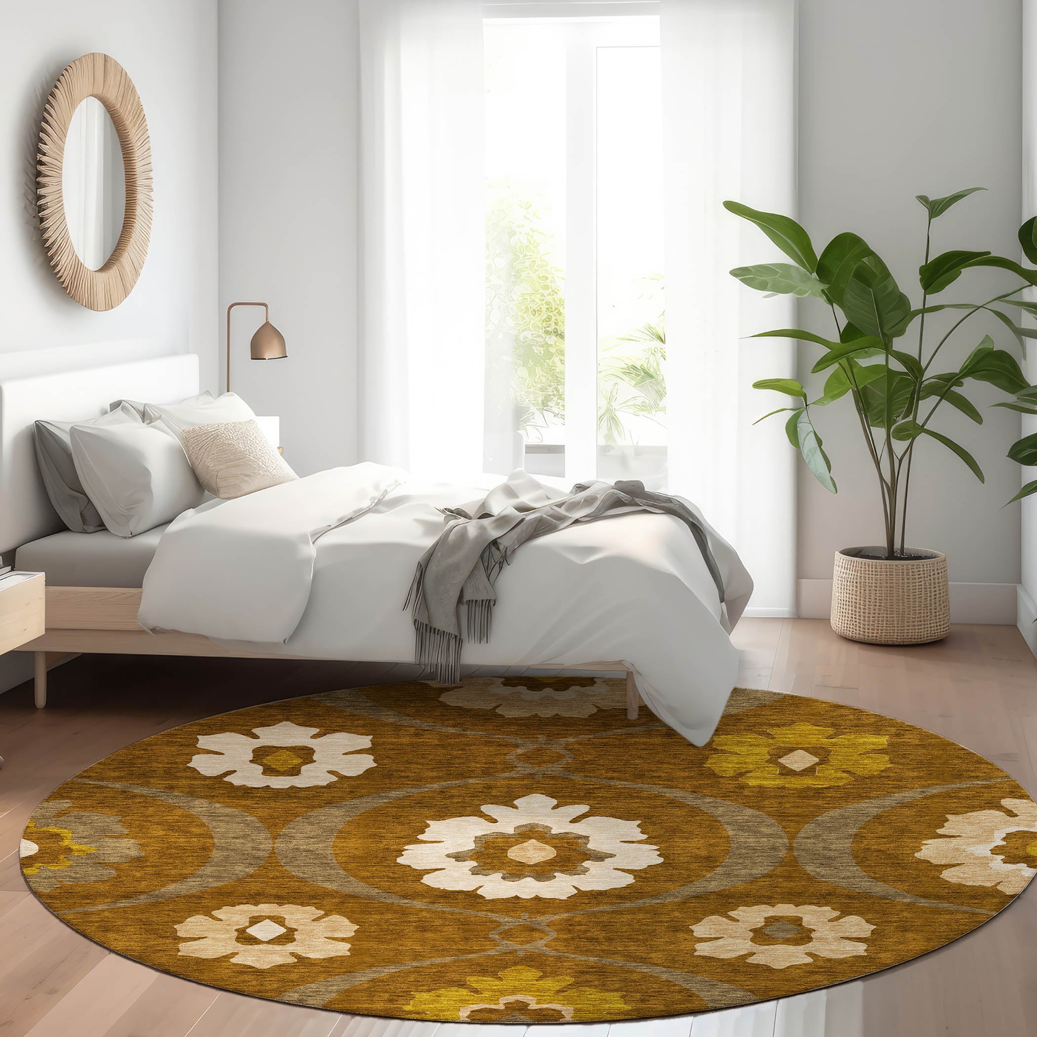 Budapest Machine Washable Transitional Mocha Brown Rug 8' x 8' #shape_Round