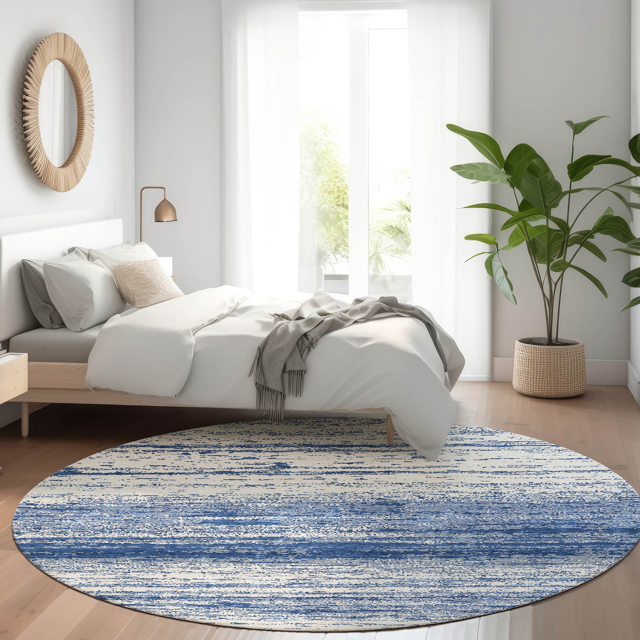 Vienna Machine Washable Transitional Navy Blue Rug 8' x 8' #shape_Round