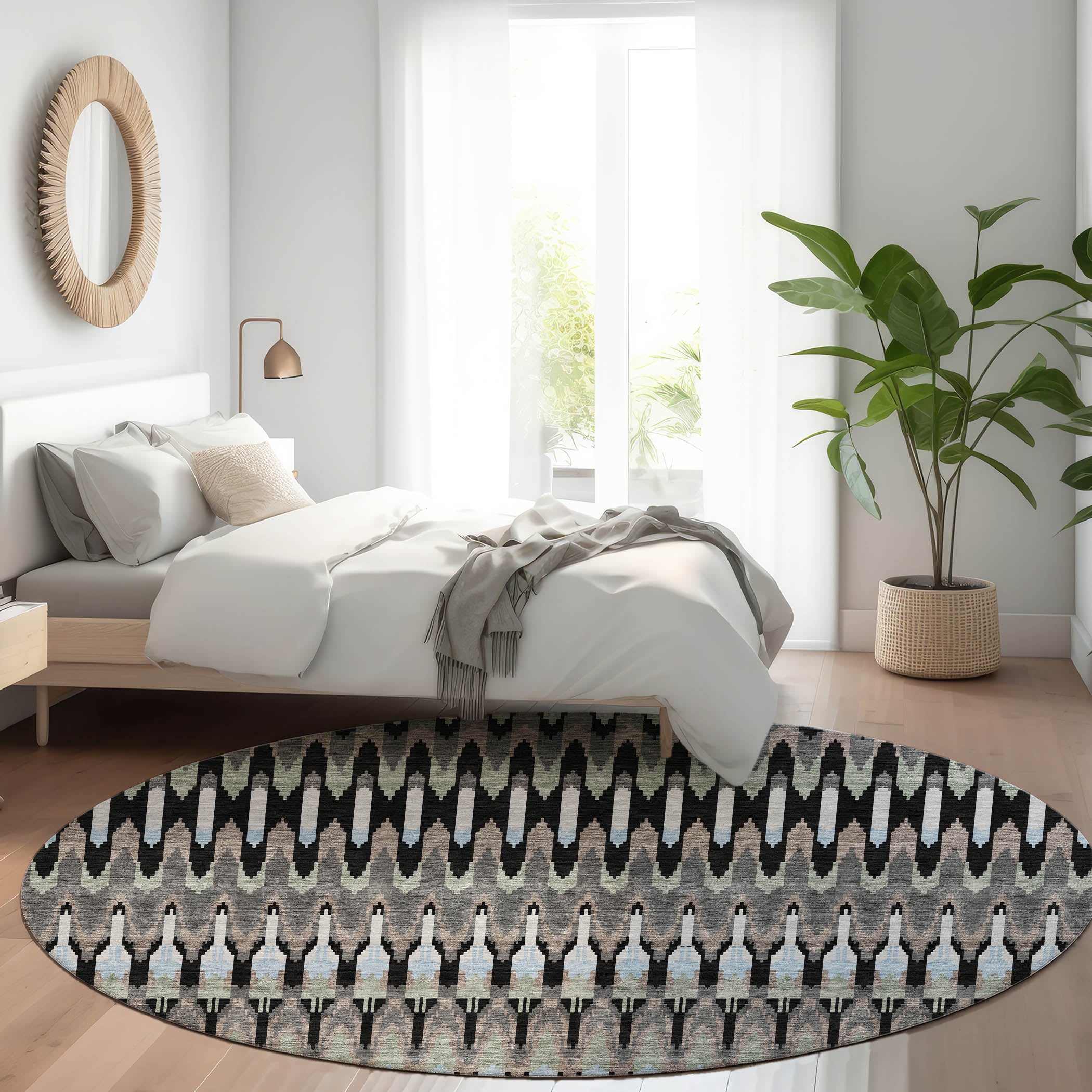 Split Machine Washable Transitional Black Rug 8' x 8' #shape_Round