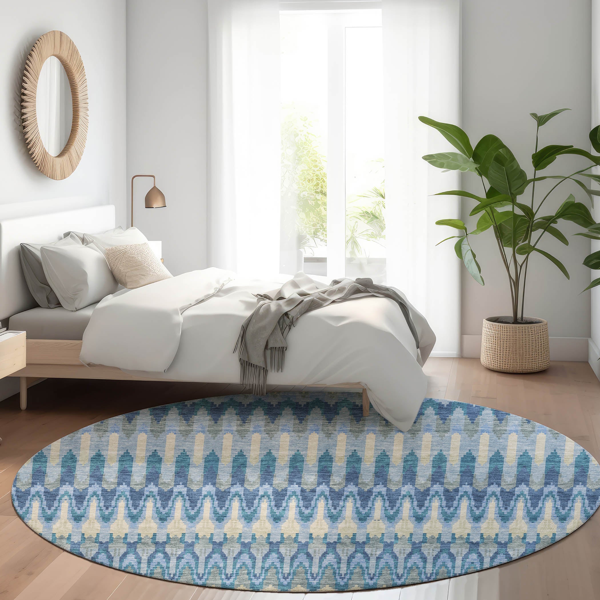 Split Machine Washable Transitional Denim Blue Rug 8' x 8' #shape_Round