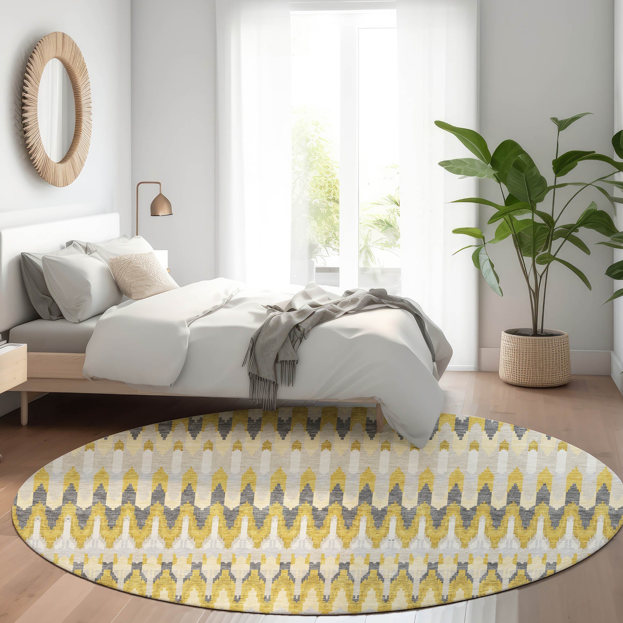 Split Machine Washable Transitional Gold Rug 8' x 8' #shape_Round