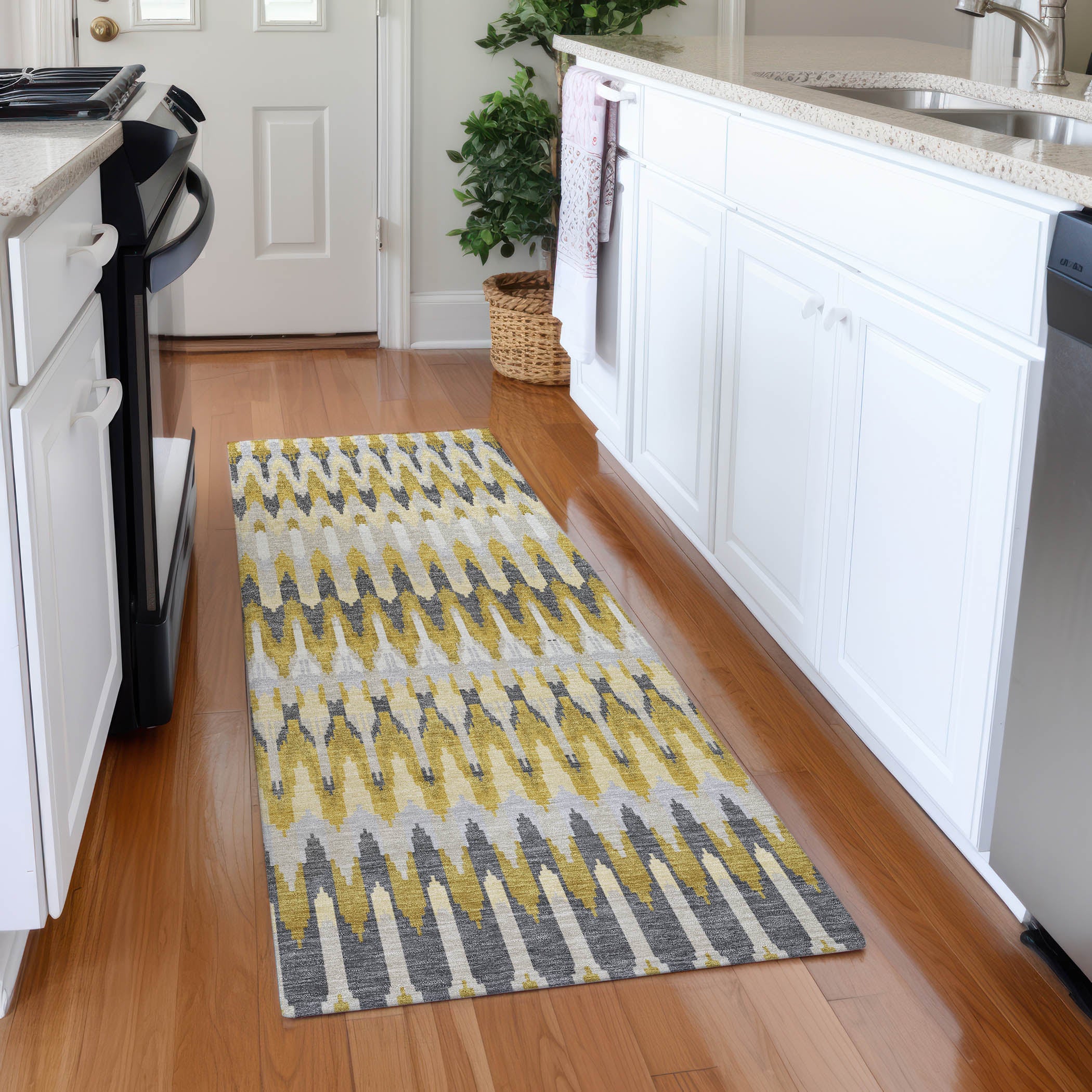 Split Machine Washable Transitional Gold Rug 2'3" x 7'6" #shape_Runner