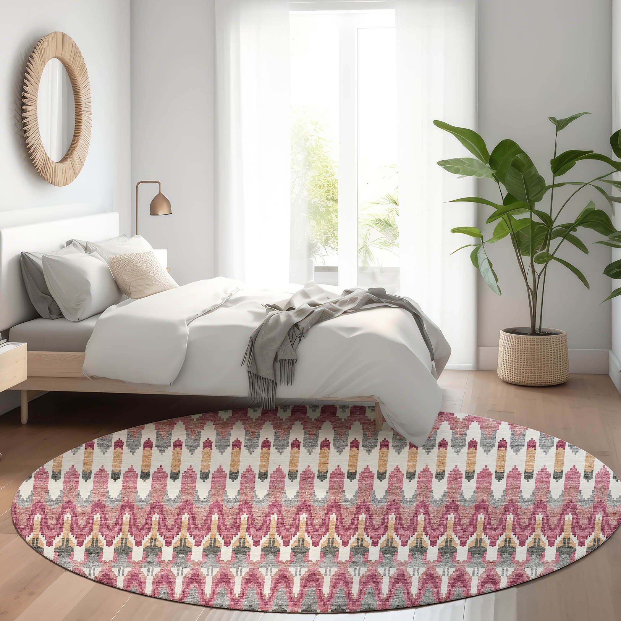 Split Machine Washable Transitional Mauve Pink Rug 8' x 8' #shape_Round