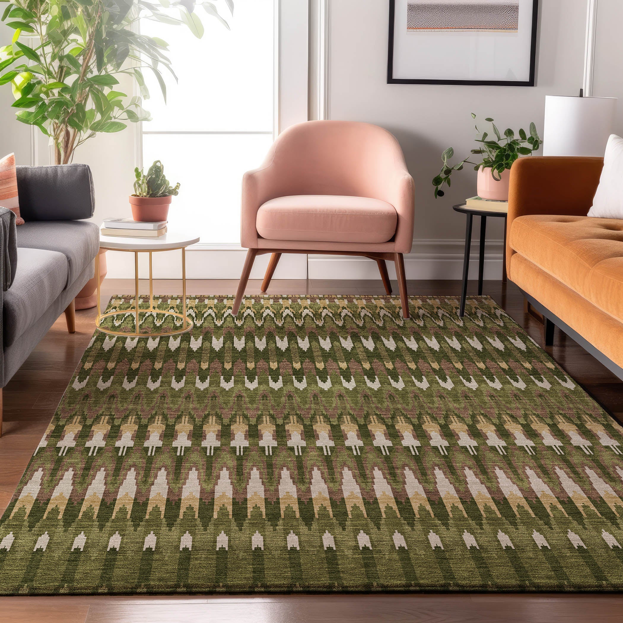 Split Machine Washable Transitional Olive Green Rug 2'6" x 3'10" #shape_Rectangle