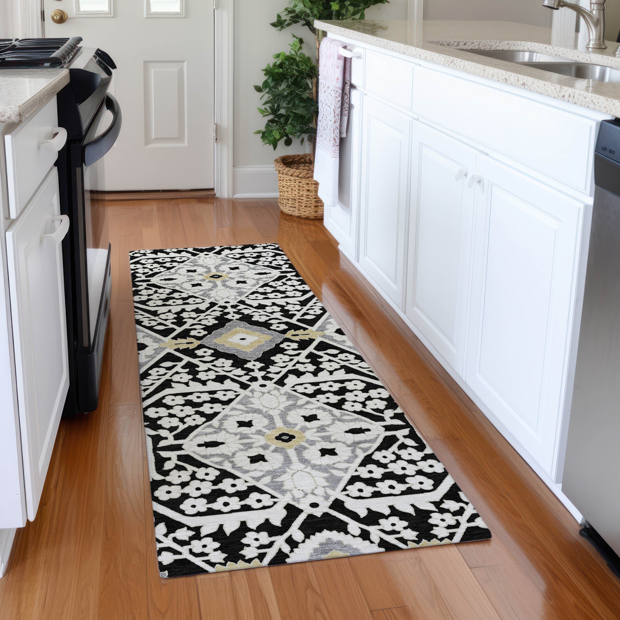 Sintra Machine Washable Transitional Black Rug 2'3" x 7'6" #shape_Runner