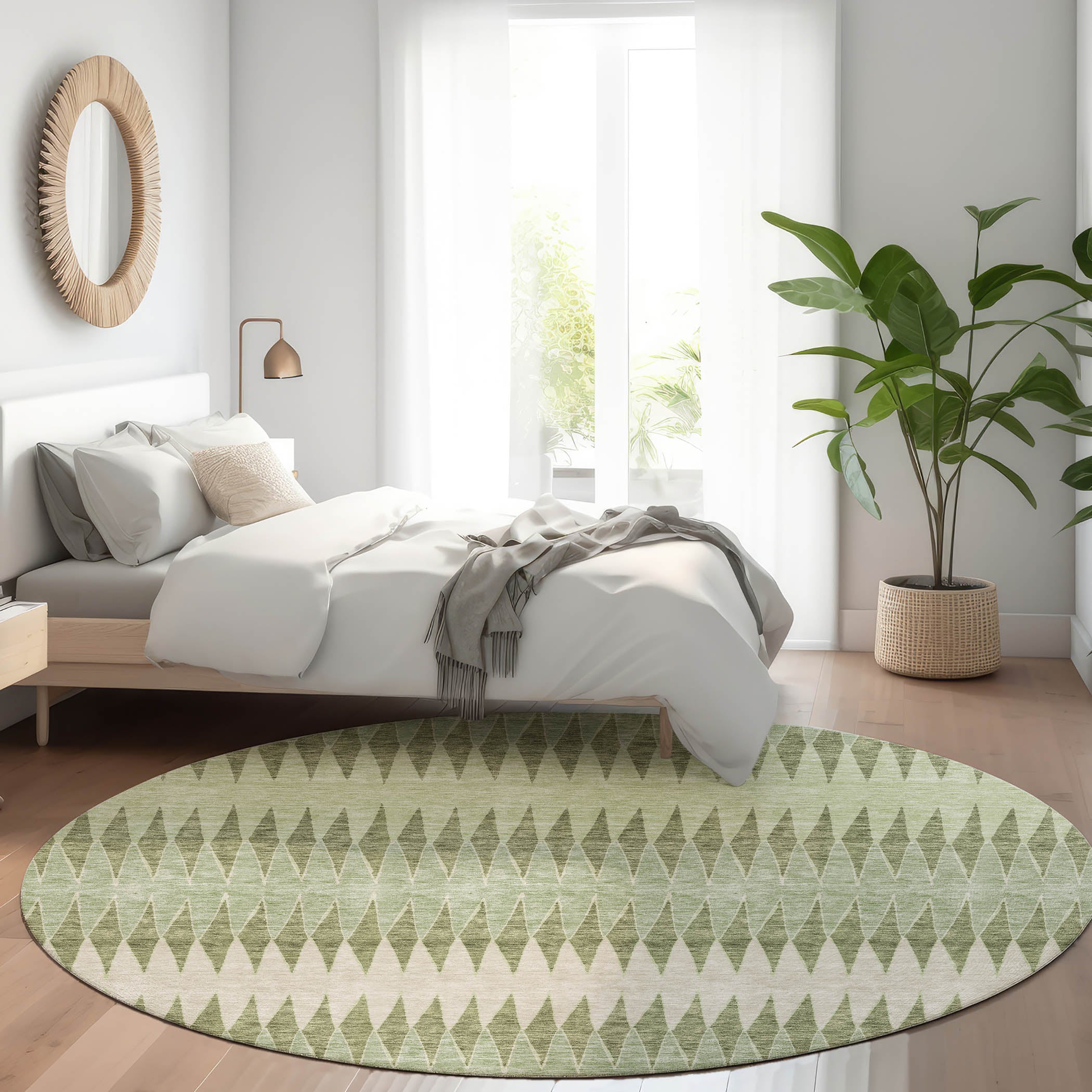 Bern Machine Washable Transitional Aloe Green Rug 8' x 8' #shape_Round