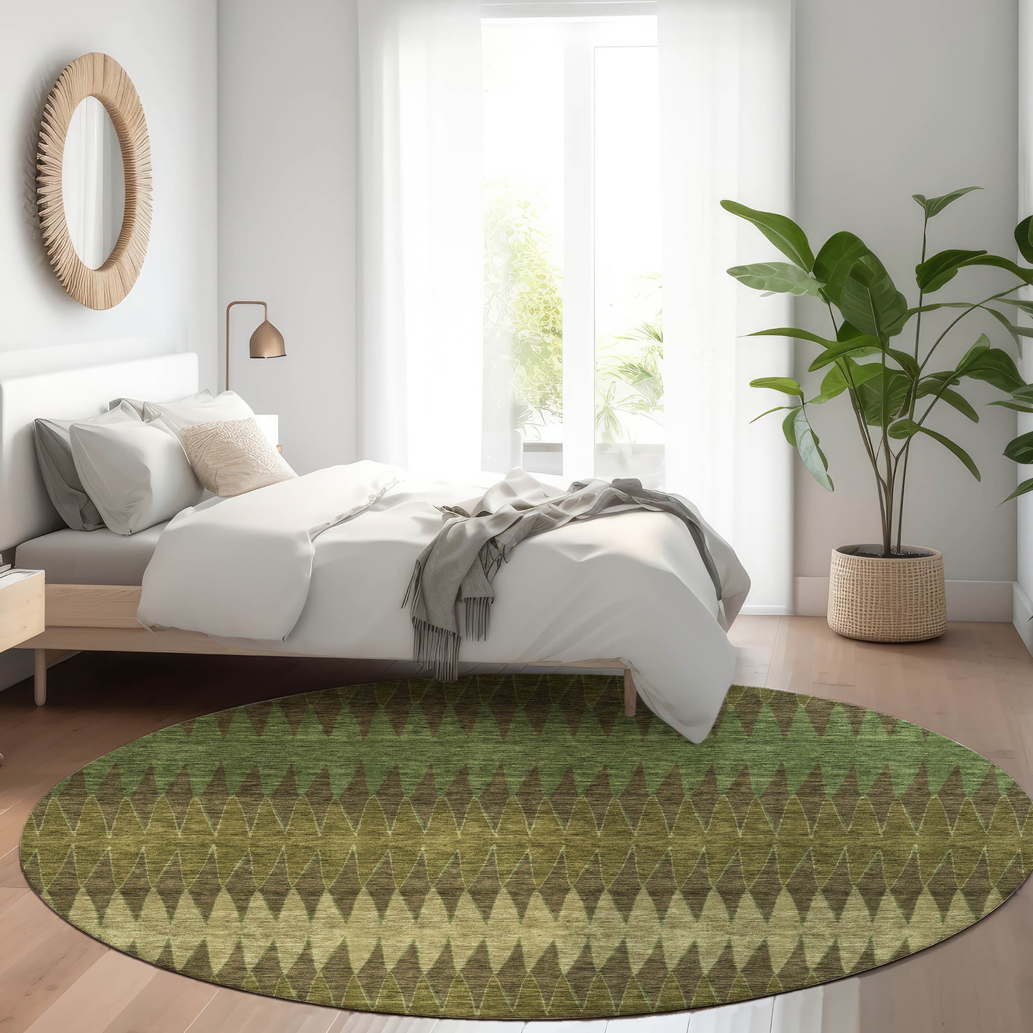 Bern Machine Washable Transitional Olive Green Rug 8' x 8' #shape_Round